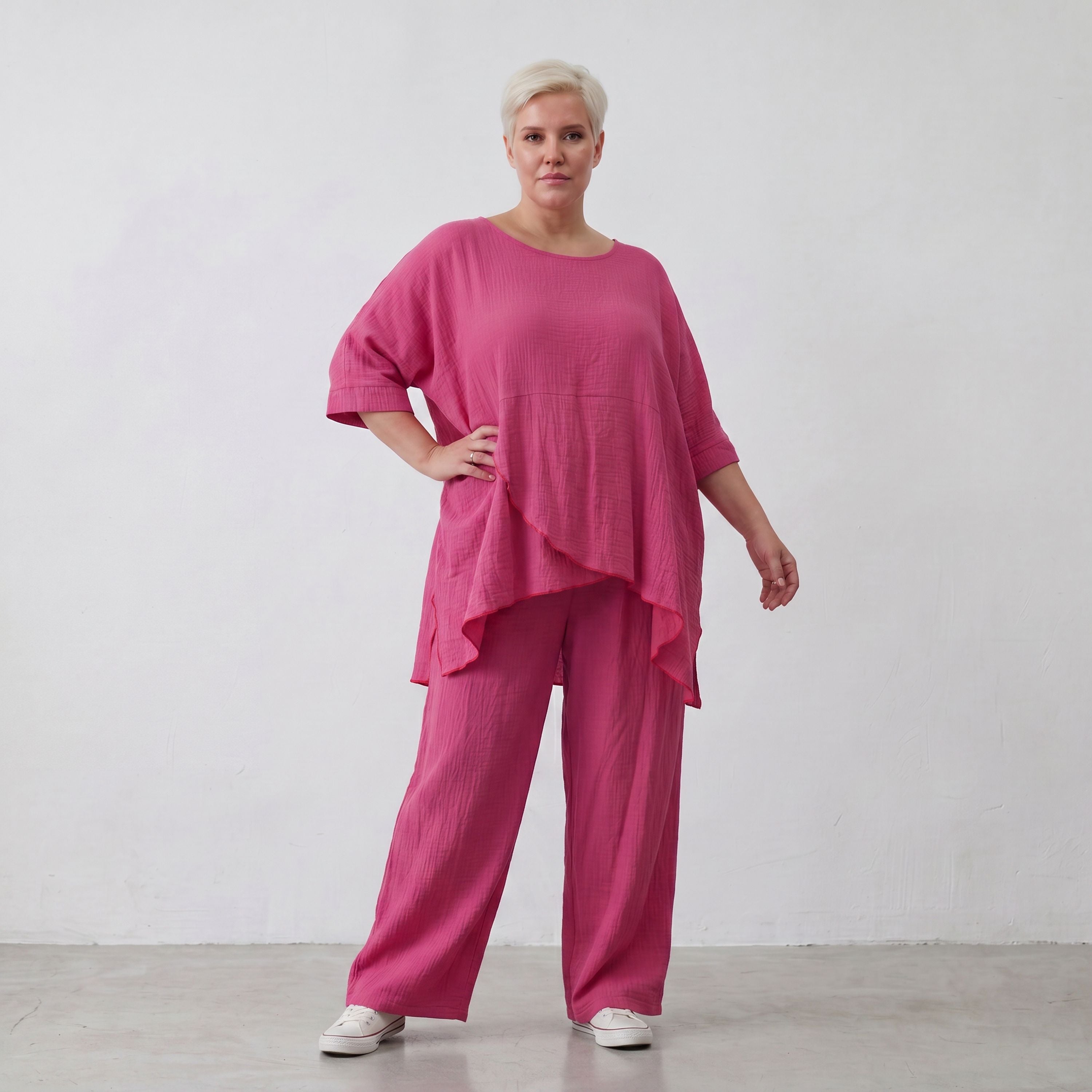 Damen Shirt Lagenlook Viskose Fuchsia, kastiger Schnitt, Kurzarm, Oversize große Größen – AKH Fashion