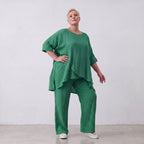 Damen Hose Lagenlook Viskose Grün, gerader Schnitt, Flügeltaschen, Oversize große Größen – AKH Fashion