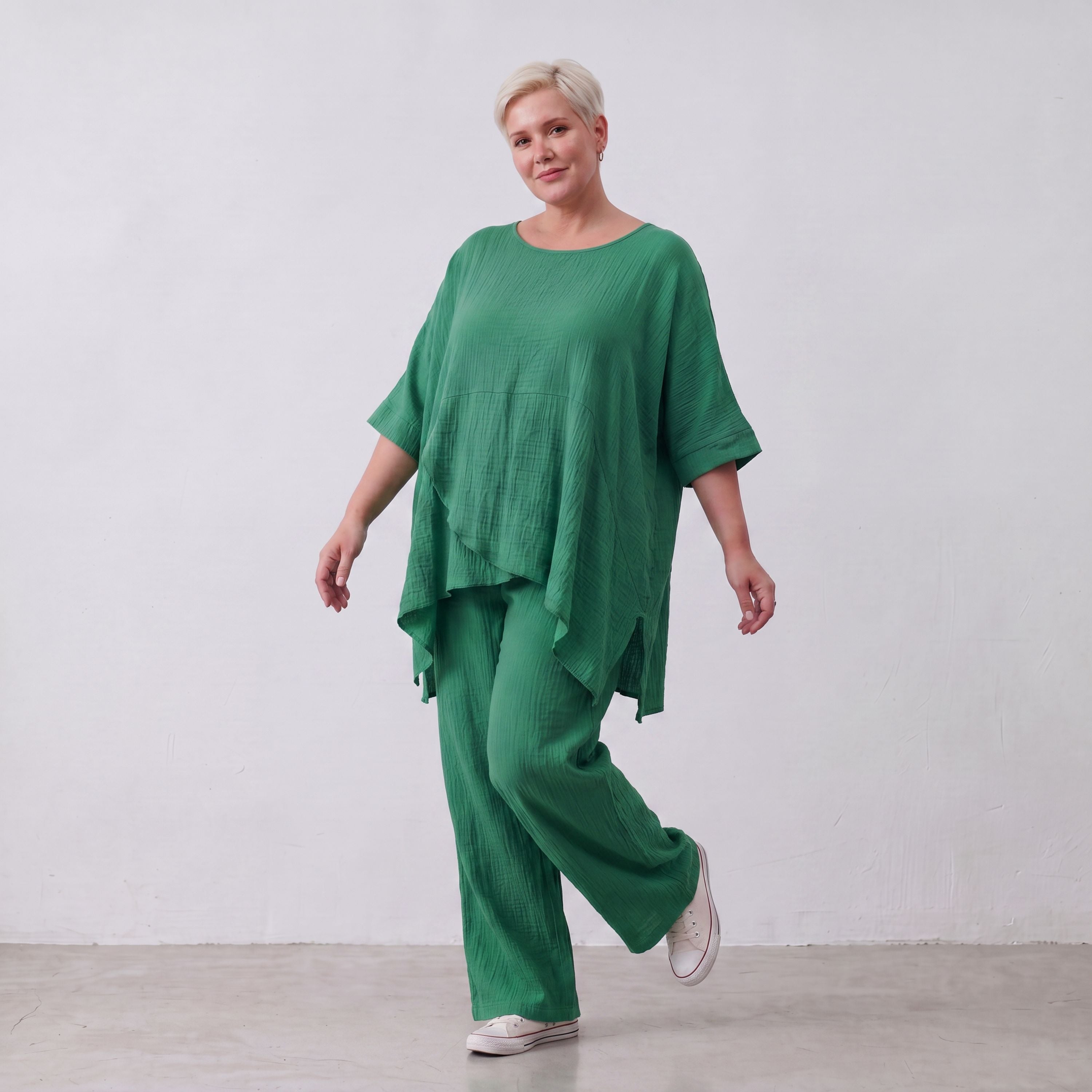 Damen Hose Lagenlook Viskose Grün, gerader Schnitt, Flügeltaschen, Oversize große Größen – AKH Fashion