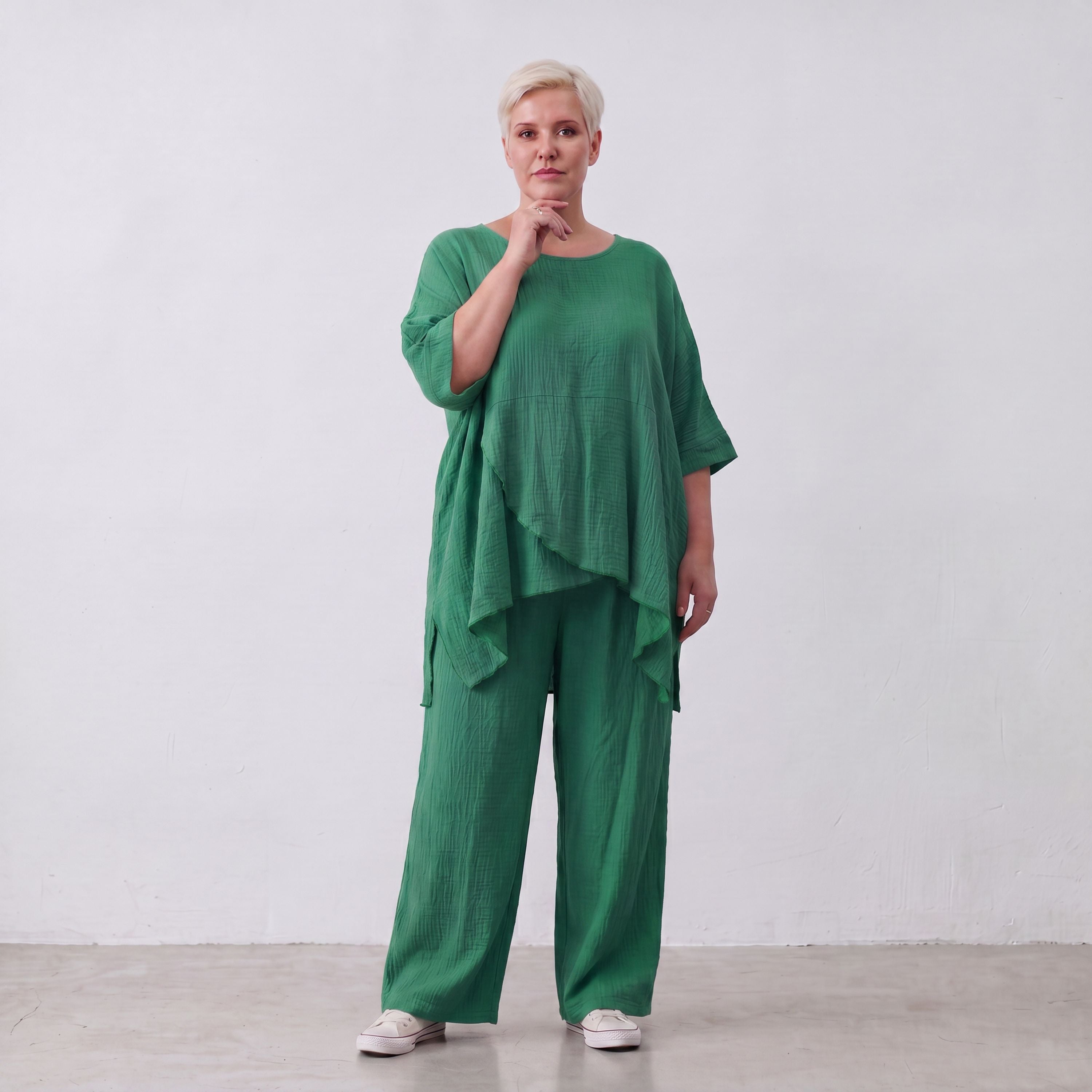 Damen Hose Lagenlook Viskose Grün, gerader Schnitt, Flügeltaschen, Oversize große Größen – AKH Fashion