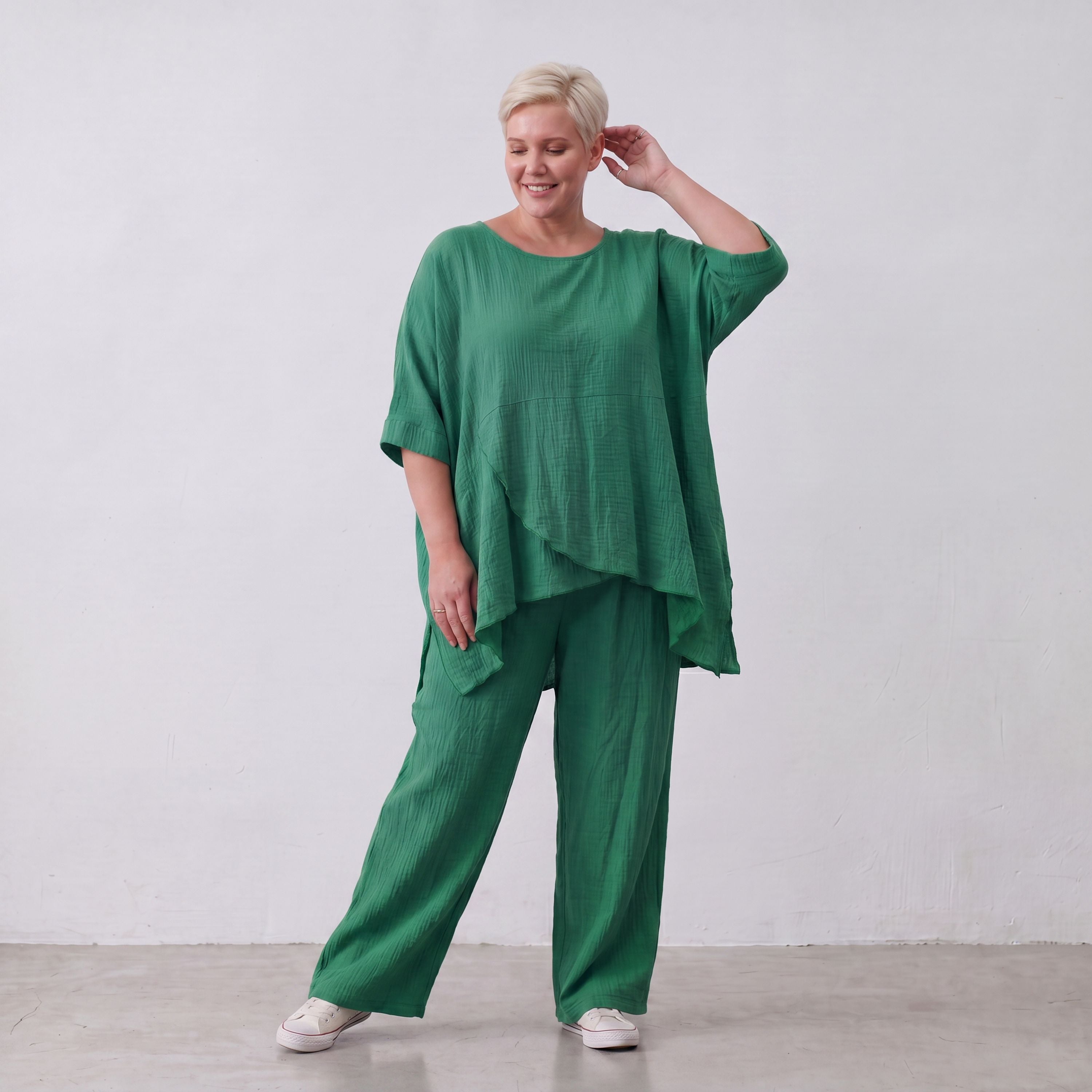 Damen Shirt Lagenlook Viskose Grün, kastiger Schnitt, Kurzarm, Oversize große Größen – AKH Fashion