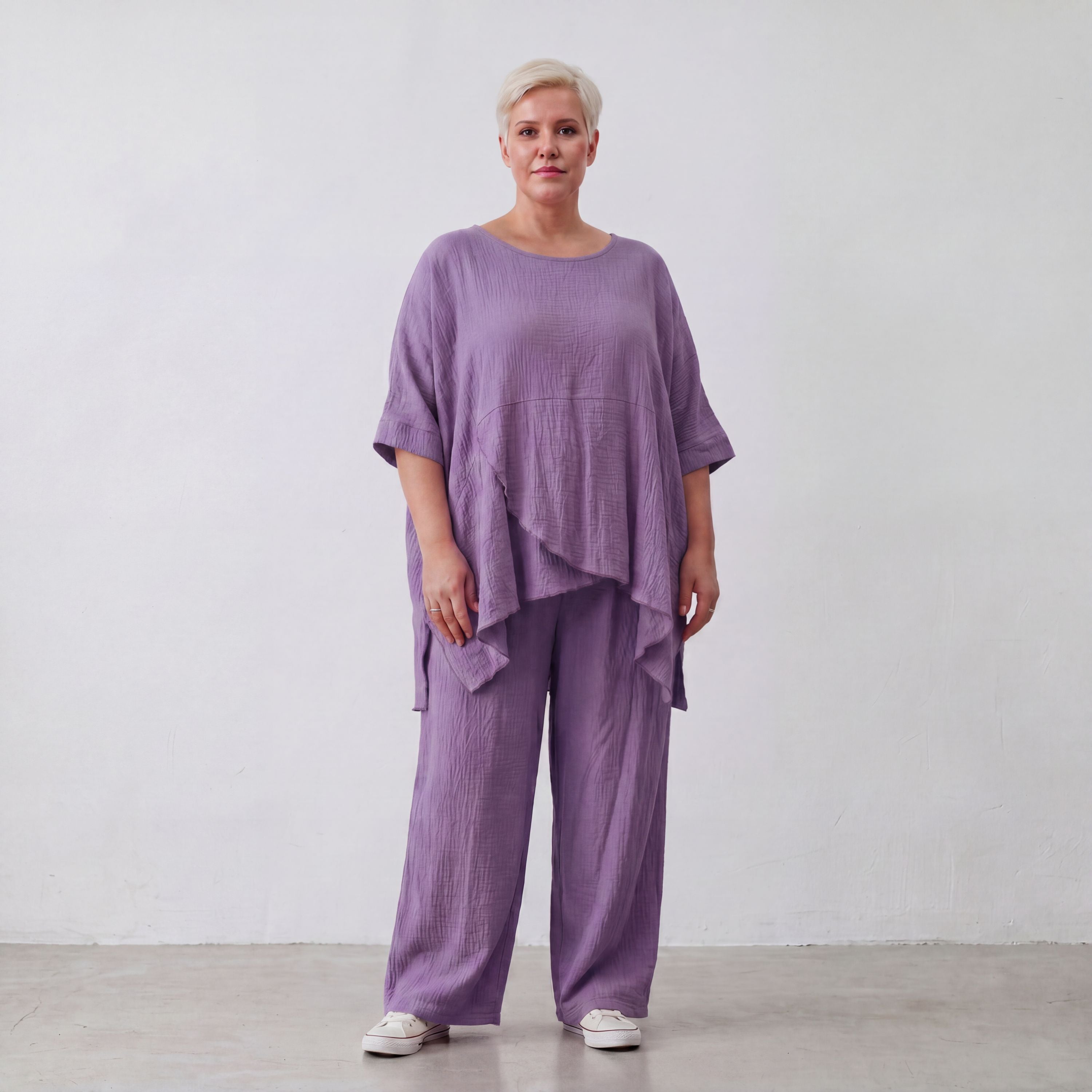 Damen Hose Lagenlook Viskose Lila, gerader Schnitt, Flügeltaschen, Oversize große Größen – AKH Fashion