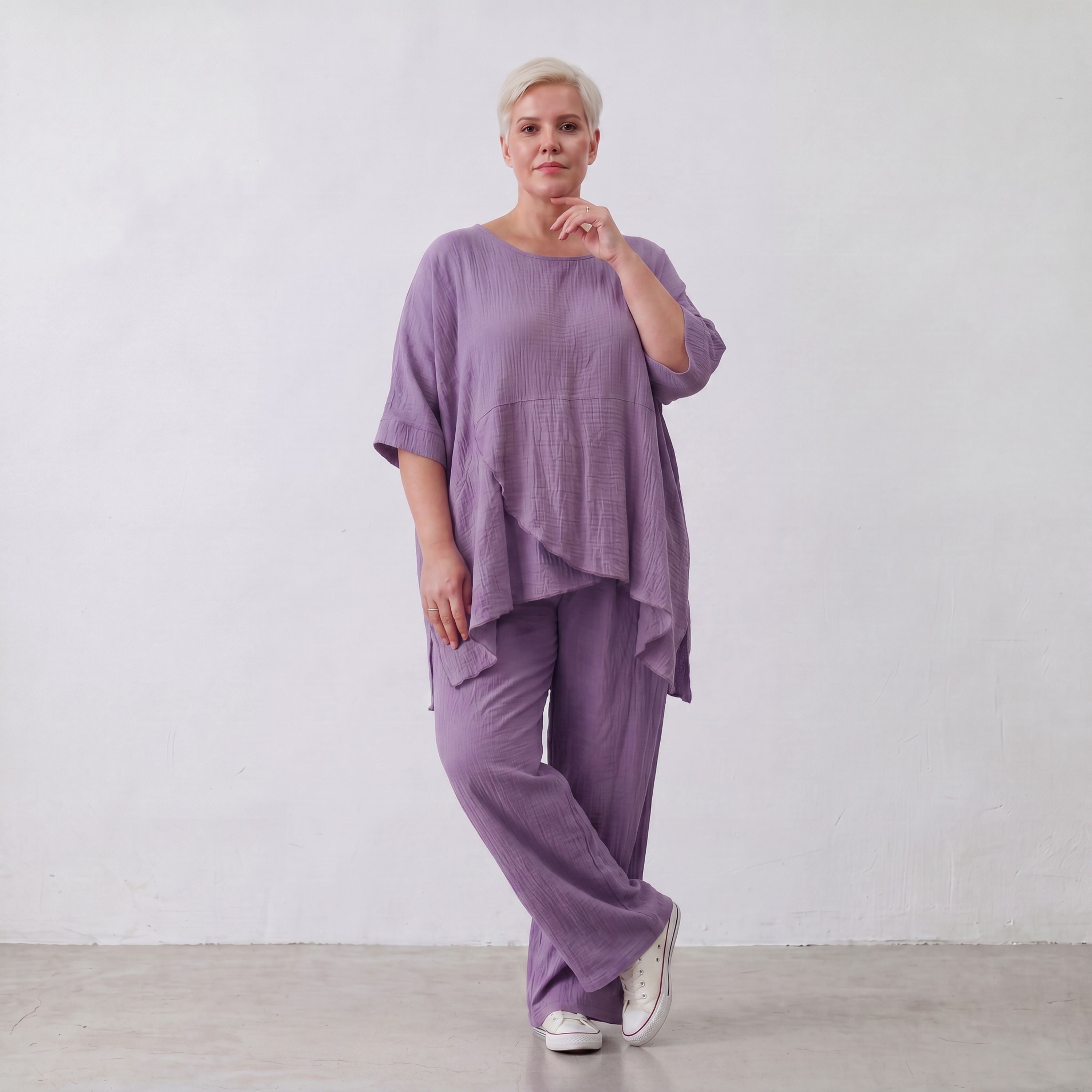 Damen Hose Lagenlook Viskose Lila, gerader Schnitt, Flügeltaschen, Oversize große Größen – AKH Fashion