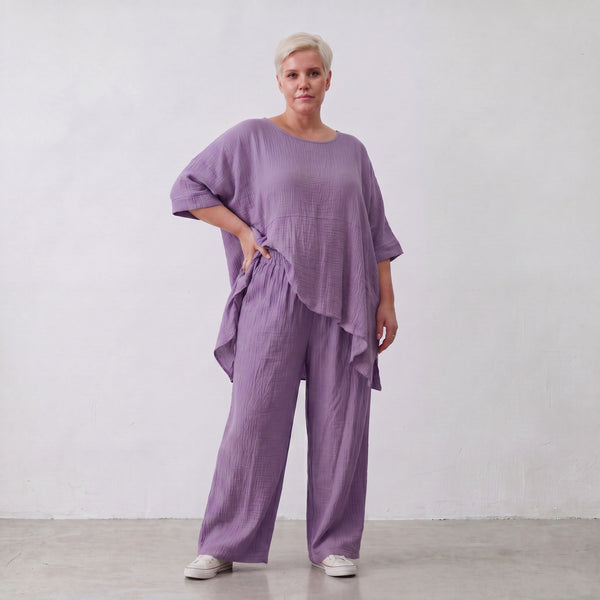 Damen Hose Lagenlook Viskose Lila, gerader Schnitt, Flügeltaschen, Oversize große Größen – AKH Fashion