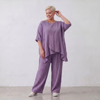 Damen Hose Lagenlook Viskose Lila, gerader Schnitt, Flügeltaschen, Oversize große Größen – AKH Fashion