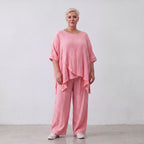Damen Hose Lagenlook Viskose Rosa, gerader Schnitt, Elastikbund, Oversize große Größen – AKH Fashion