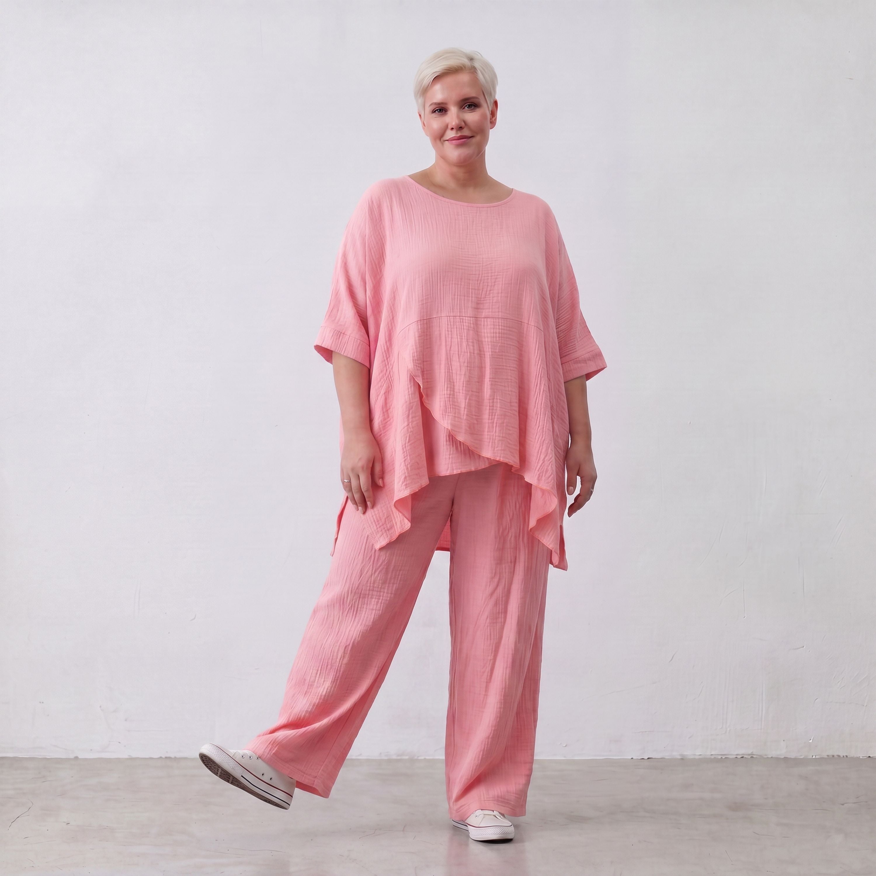 Damen Shirt Lagenlook Viskose Rosa, kastiger Schnitt, Kurzarm, Oversize große Größen – AKH Fashion