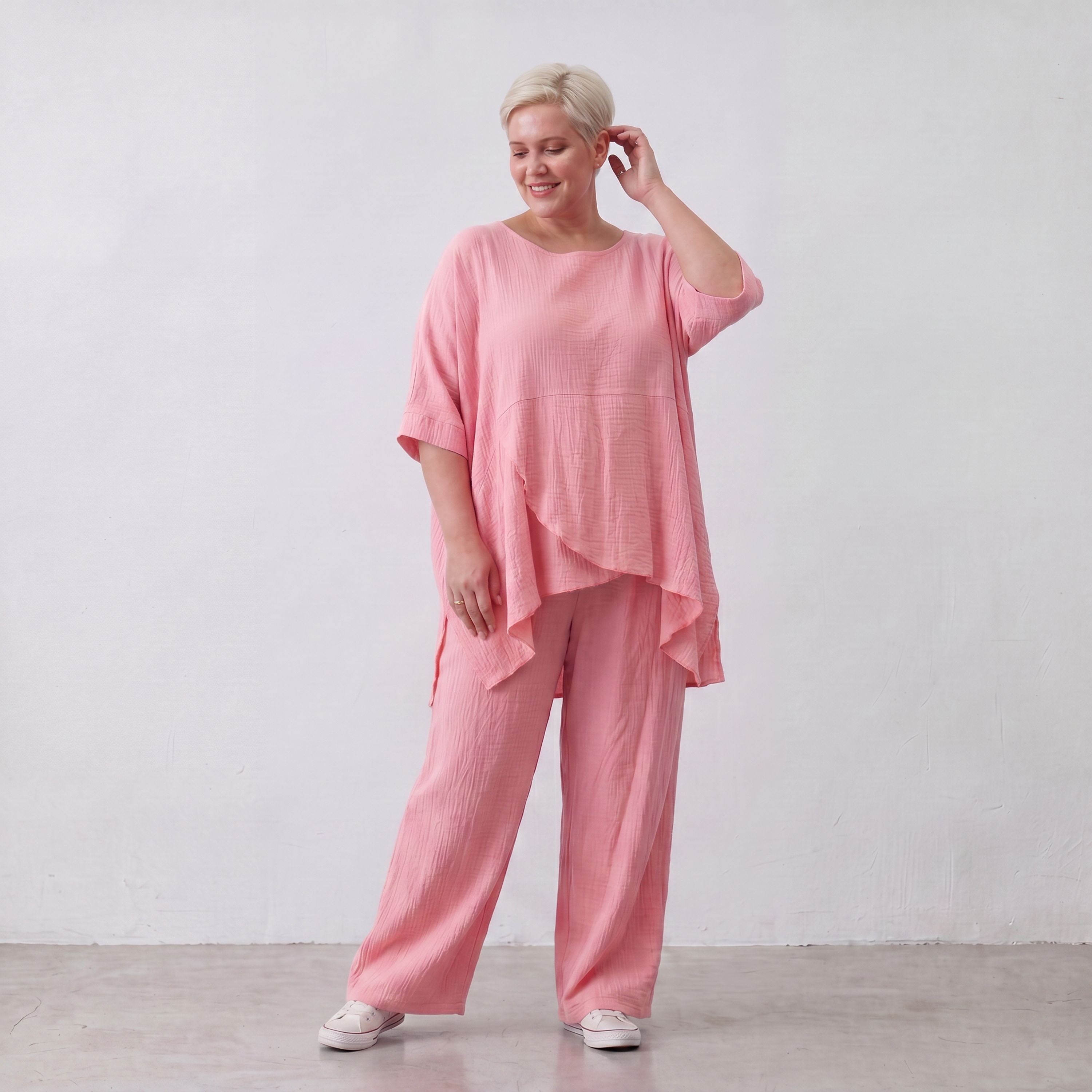 Damen Hose Lagenlook Viskose Rosa, gerader Schnitt, Elastikbund, Oversize große Größen – AKH Fashion