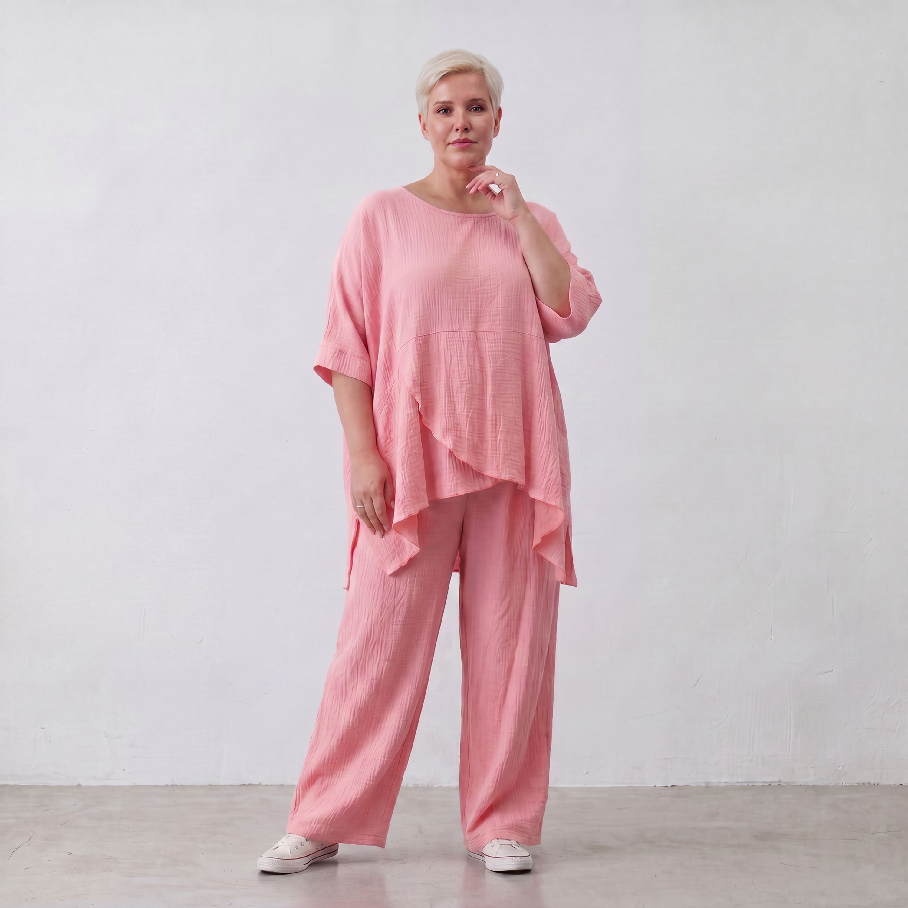 Damen Hose Lagenlook Viskose Rosa, gerader Schnitt, Elastikbund, Oversize große Größen – AKH Fashion