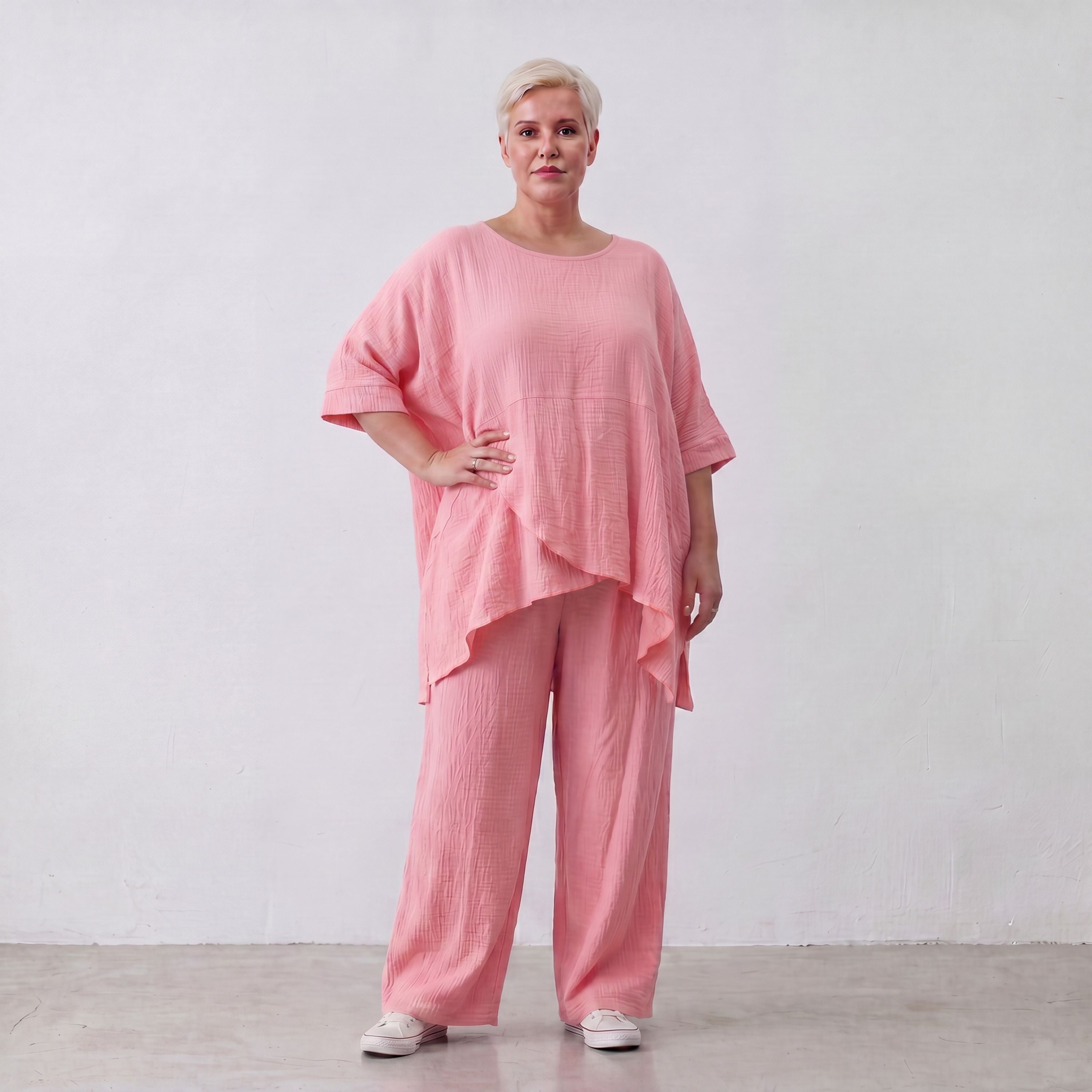 Damen Shirt Lagenlook Viskose Rosa, kastiger Schnitt, Kurzarm, Oversize große Größen – AKH Fashion