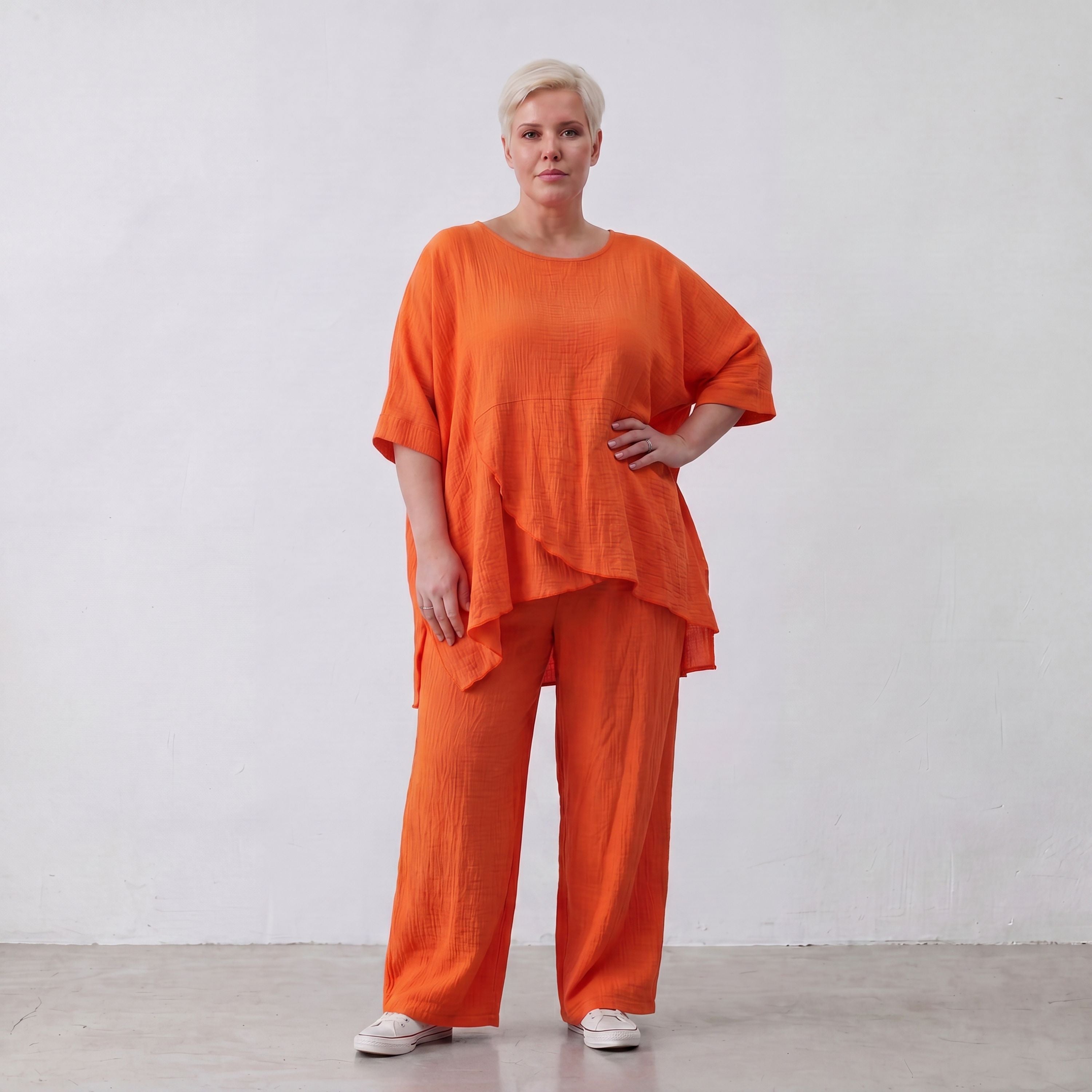 Damen Hose Lagenlook Viskose Orange, gerader Schnitt, Elastikbund, Oversize große Größen – AKH Fashion