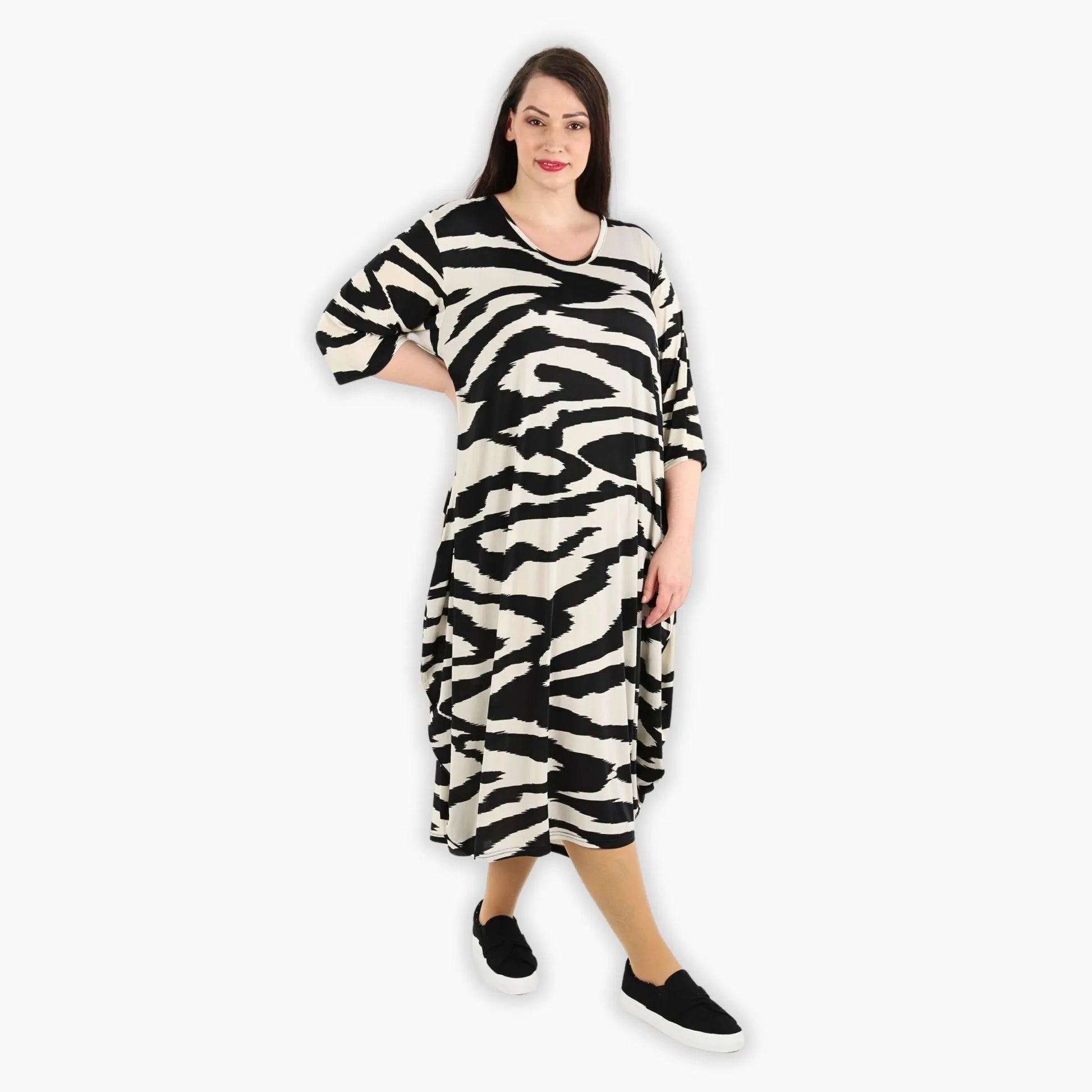  Ballonkleid von AKH Fashion aus Viskose, 1291.01926, Ecru-Schwarz, Zebra, Schick, Modern