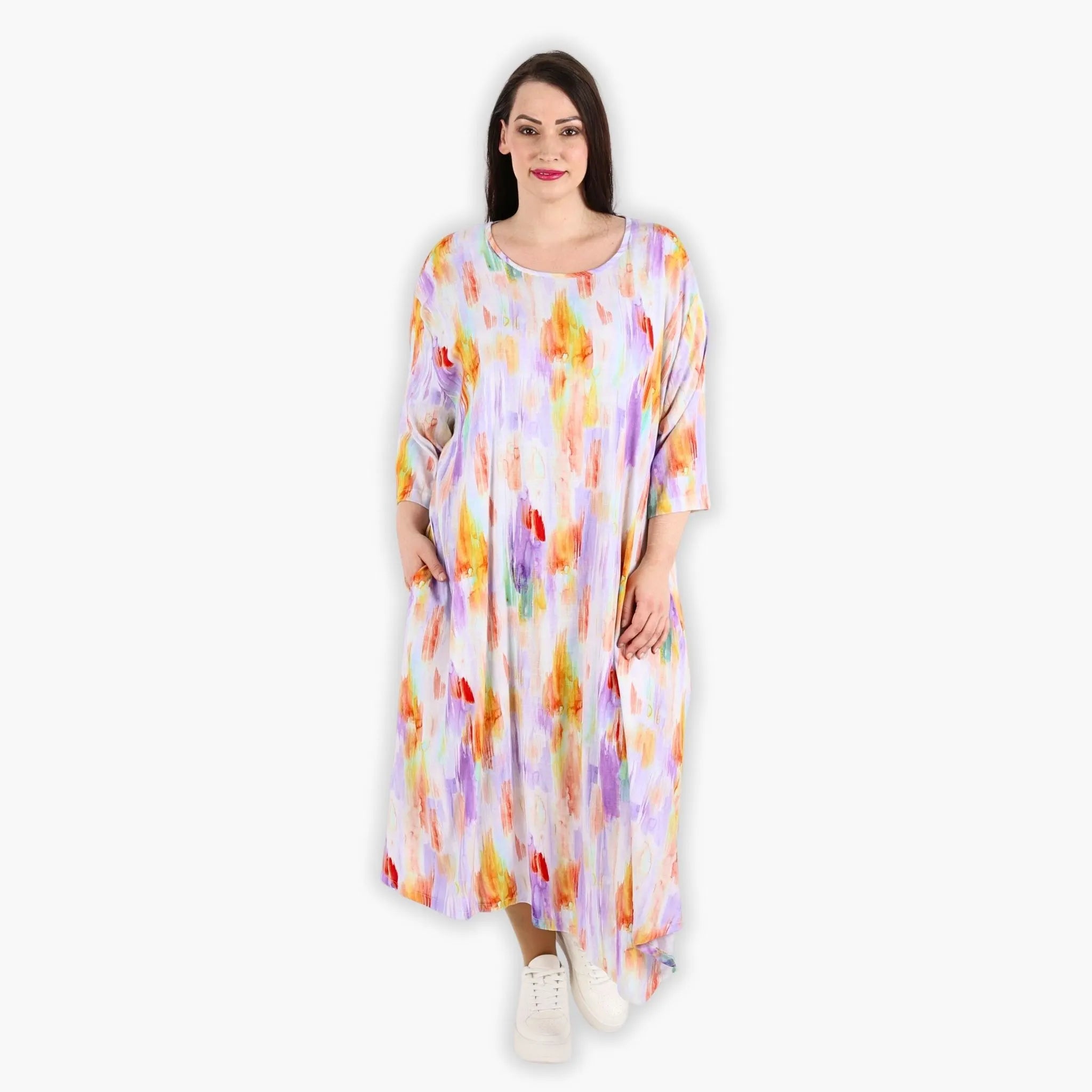  A-Form Kleid von AKH Fashion aus Viskose, 1308.01927, Weiß-Flieder-Orange, Farbmix
