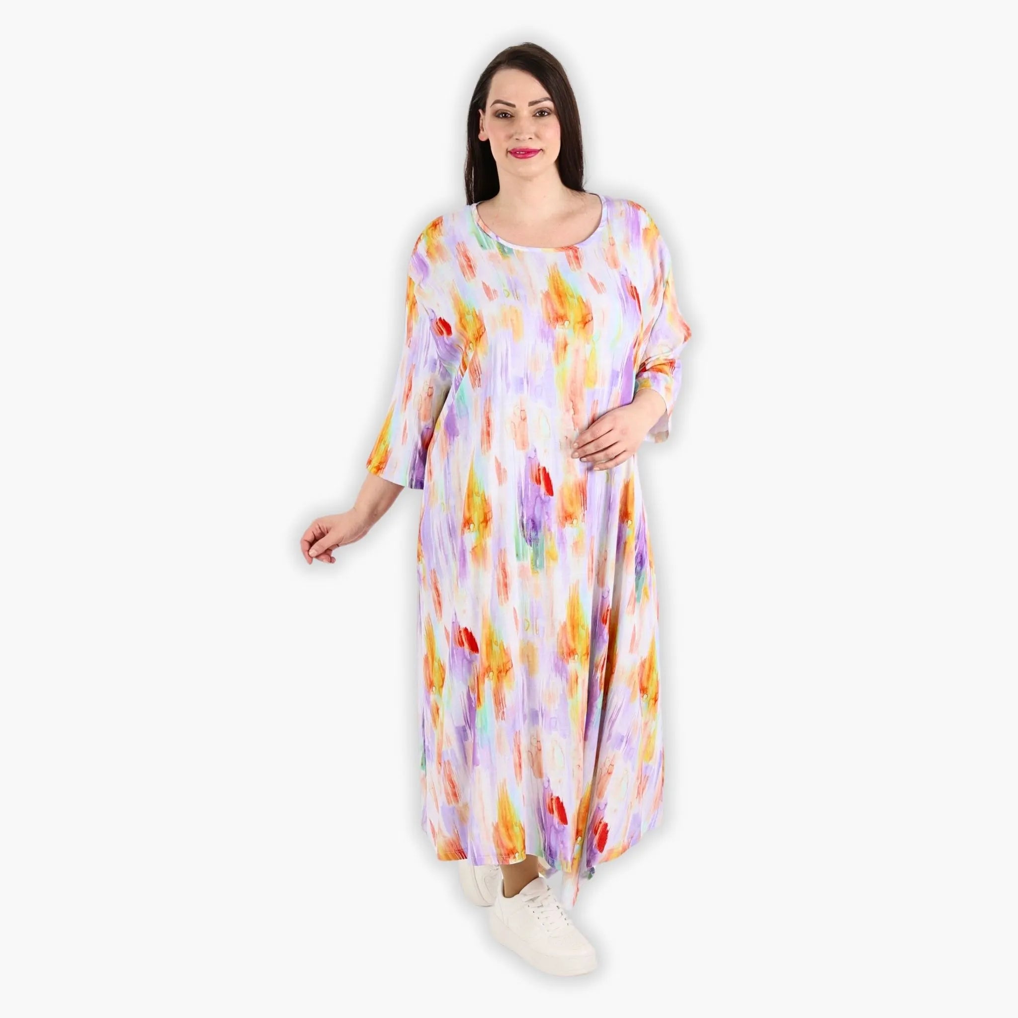  A-Form Kleid von AKH Fashion aus Viskose, 1308.01927, Weiß-Flieder-Orange, Farbmix