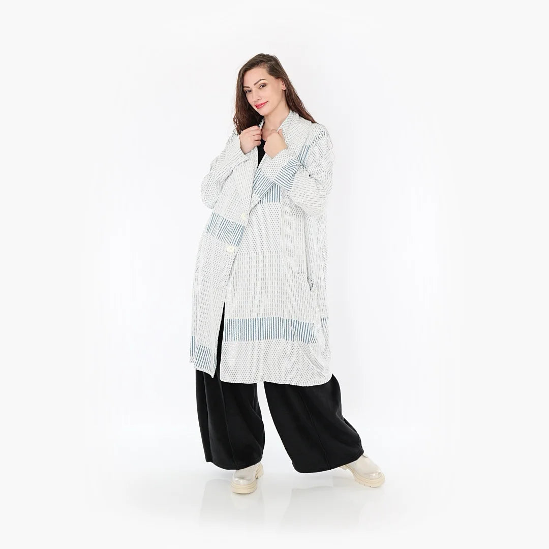  Ballonmantel von AKH Fashion aus Viskose, 1377.02494, Blau-Ecru, Gerippt, Schick, Modern