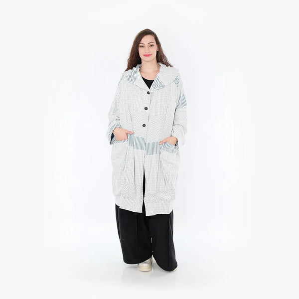  Ballonmantel von AKH Fashion aus Viskose, 1377.06518, Blau-Ecru, Gerippt, Schick, Modern