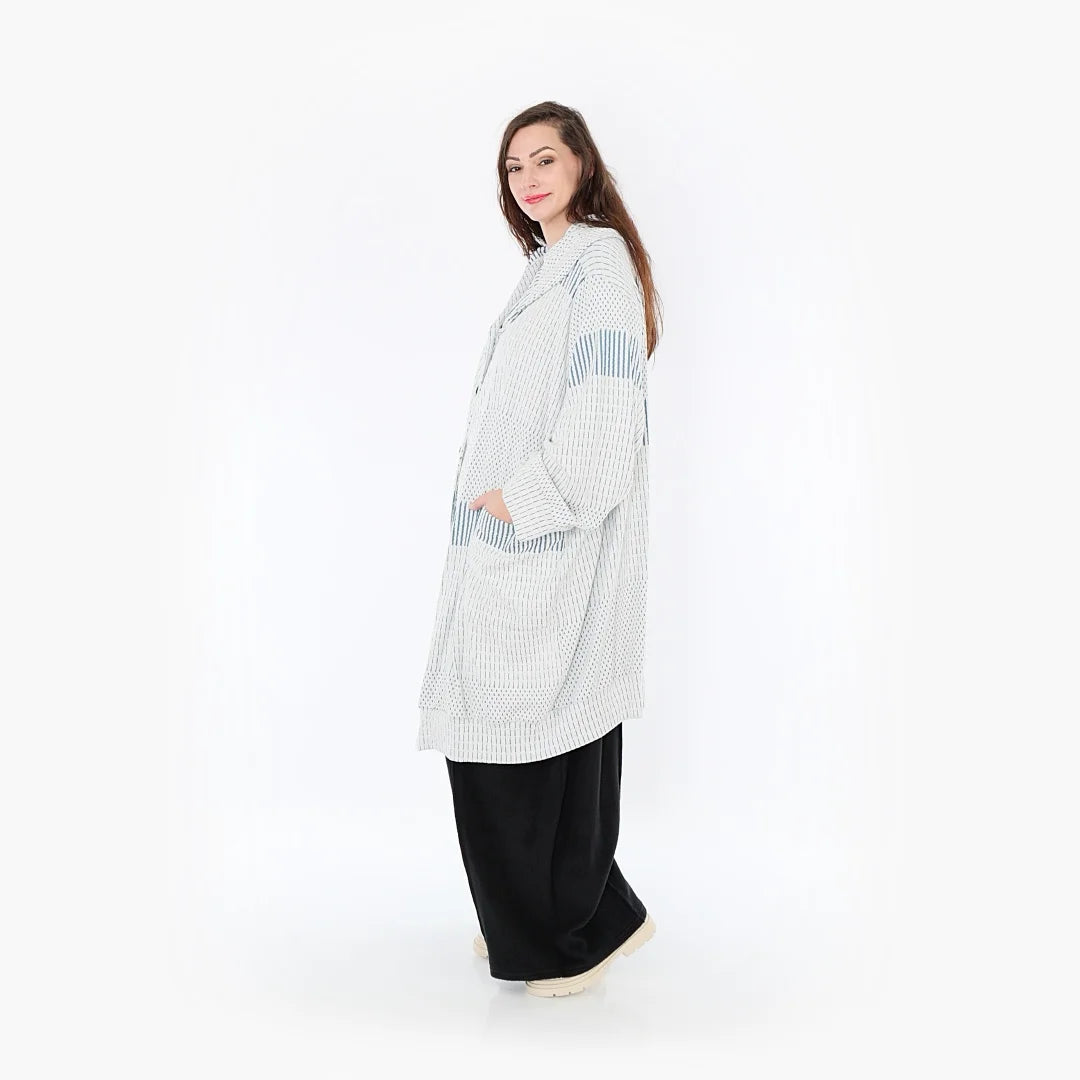  Ballonmantel von AKH Fashion aus Viskose, 1377.06518, Blau-Ecru, Gerippt, Schick, Modern