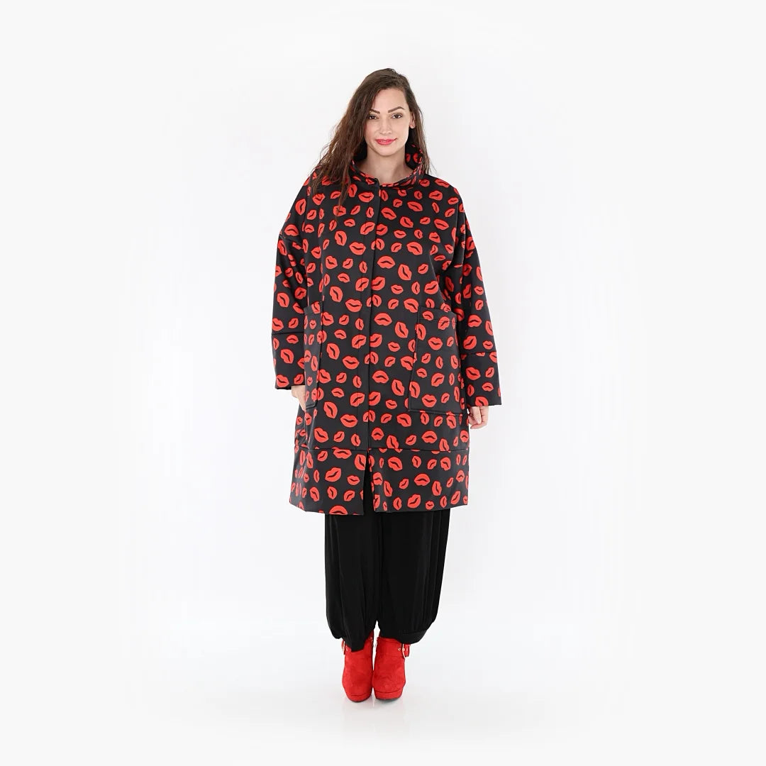  Stylischer Softshell-Mantel in Schwarz-Rot mit praktischem Reißverschluss und Taschen, Curvy Fashion