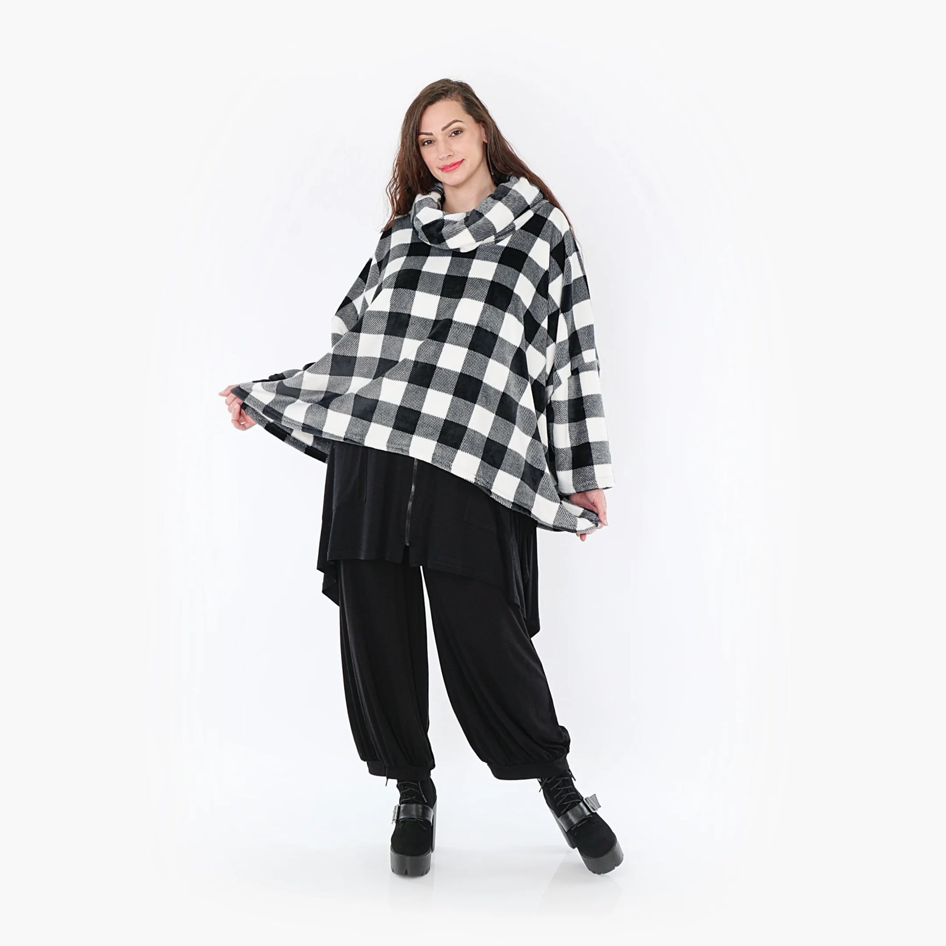  Oversized Rollkragenpullover aus kuscheligem Fleece im karrierten Design für lässige Looks