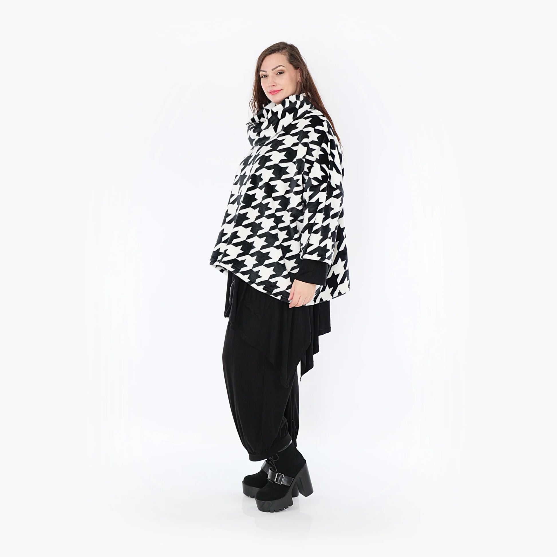  Stylischer Rollkragenpullover mit kuscheligem Plüsch-Fleece im Hahnentritt-Muster für Plus Size