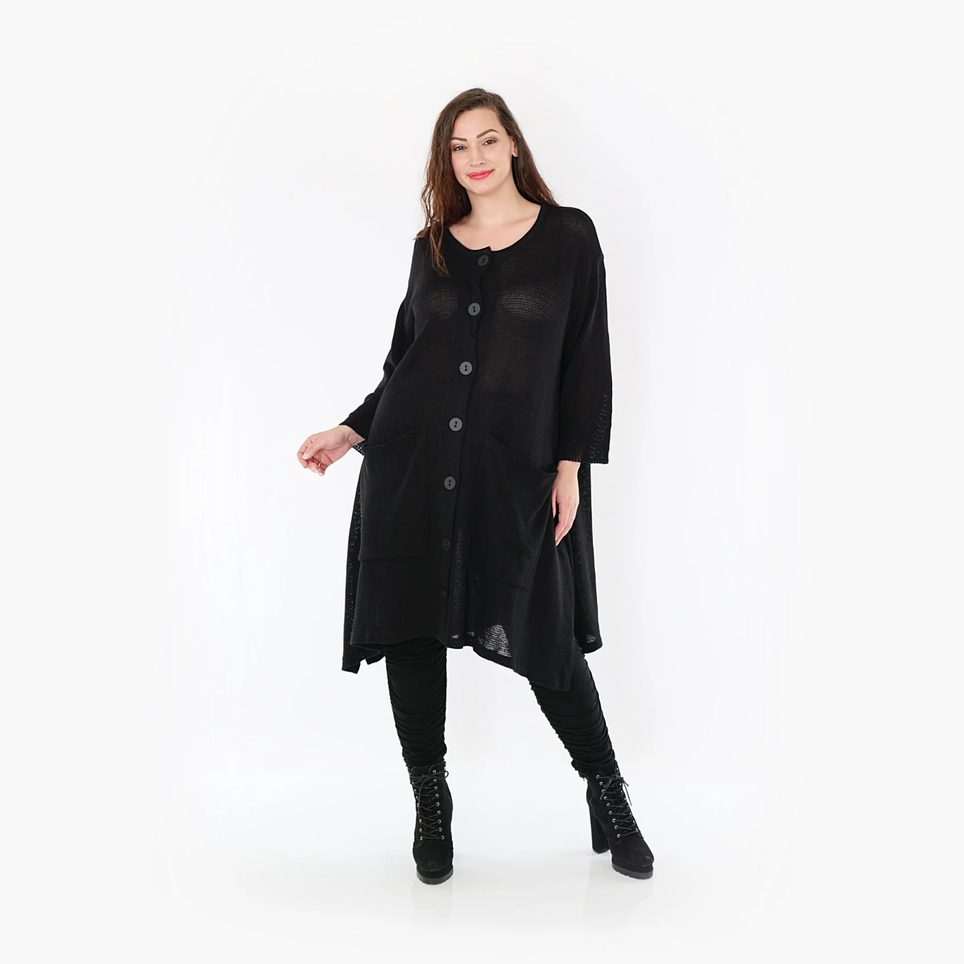  Oversize-Strickmantel in Schwarz für Plus Size mit luftiger Passform und lässigem A-Schnitt