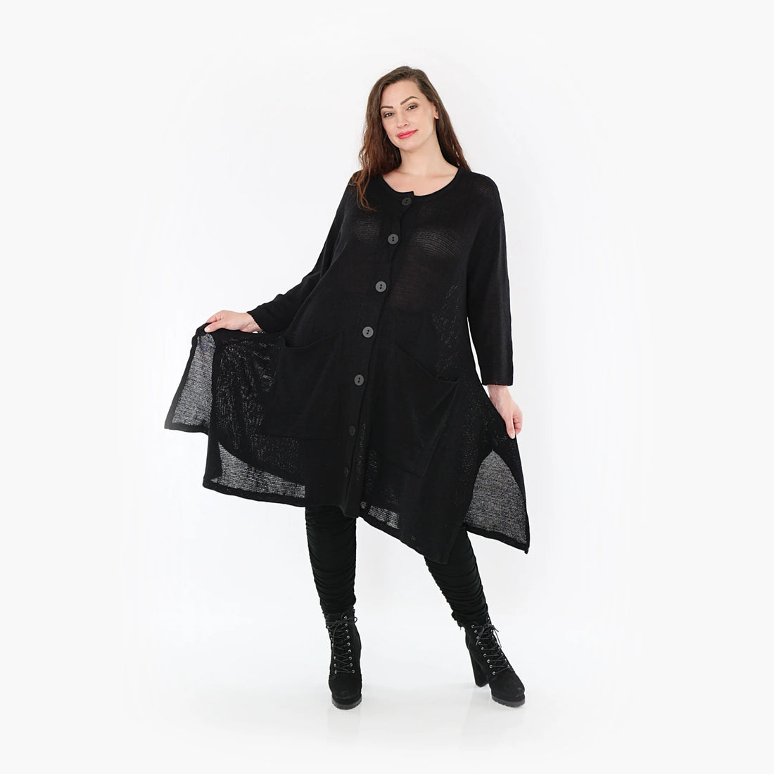  Oversize-Strickmantel in Schwarz für Plus Size mit luftiger Passform und lässigem A-Schnitt