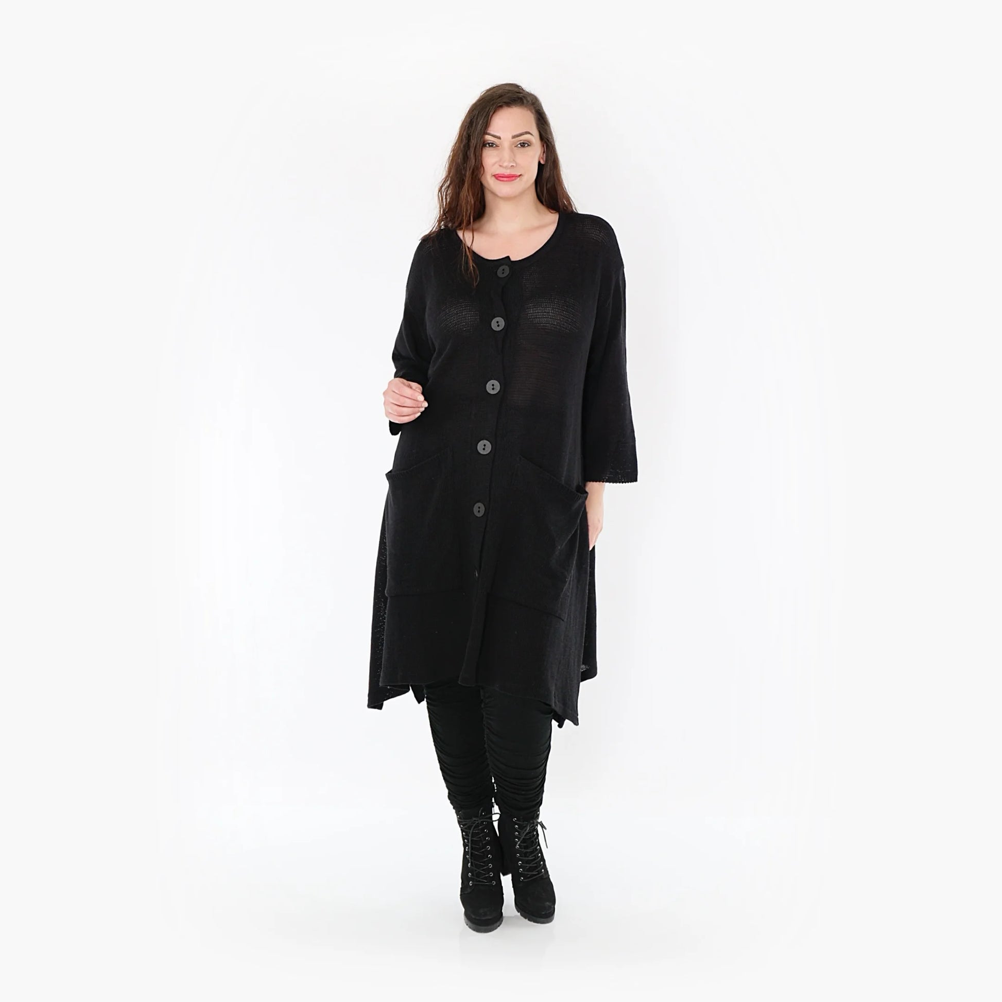  Oversize-Strickmantel in Schwarz für Plus Size mit luftiger Passform und lässigem A-Schnitt