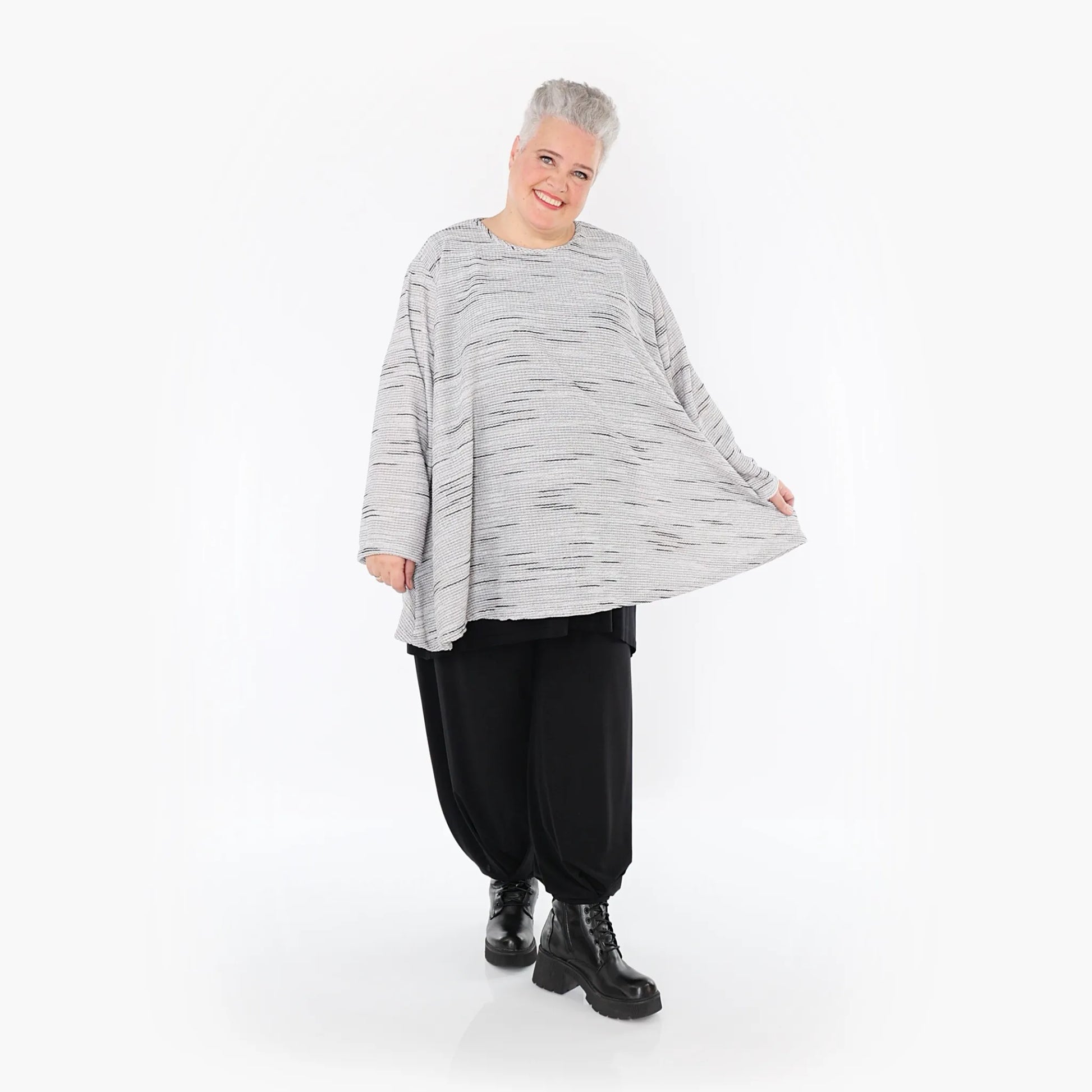  A-Form Bigshirt von AKH Fashion aus Baumwolle, 1402.00593, Grau-Schwarz, Meliert, Schick