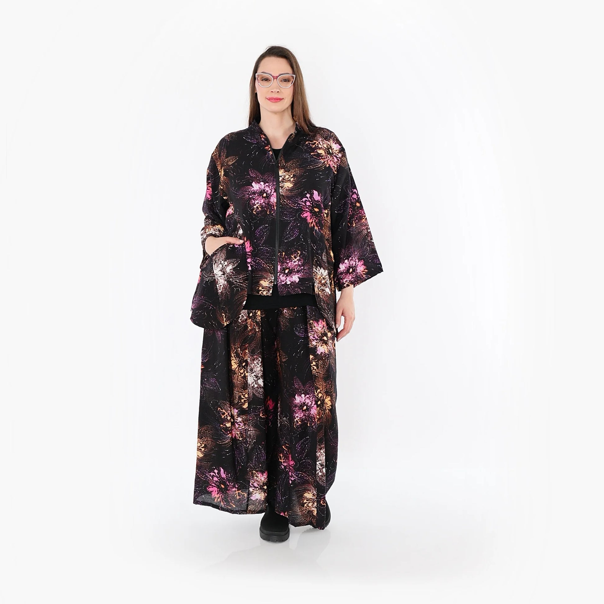  A-Form Jacke von AKH Fashion aus Viskose, 1491.06939, Schwarz/Fuchsia/Multi, Blumen
