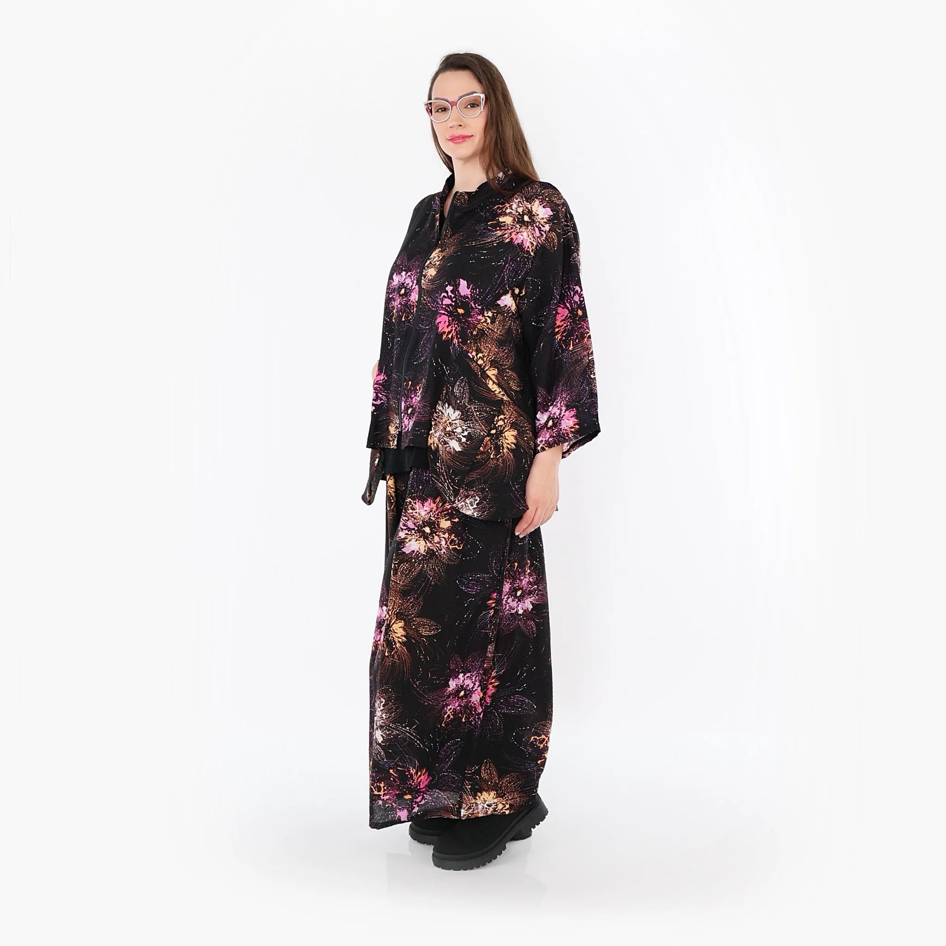  A-Form Jacke von AKH Fashion aus Viskose, 1491.06939, Schwarz/Fuchsia/Multi, Blumen