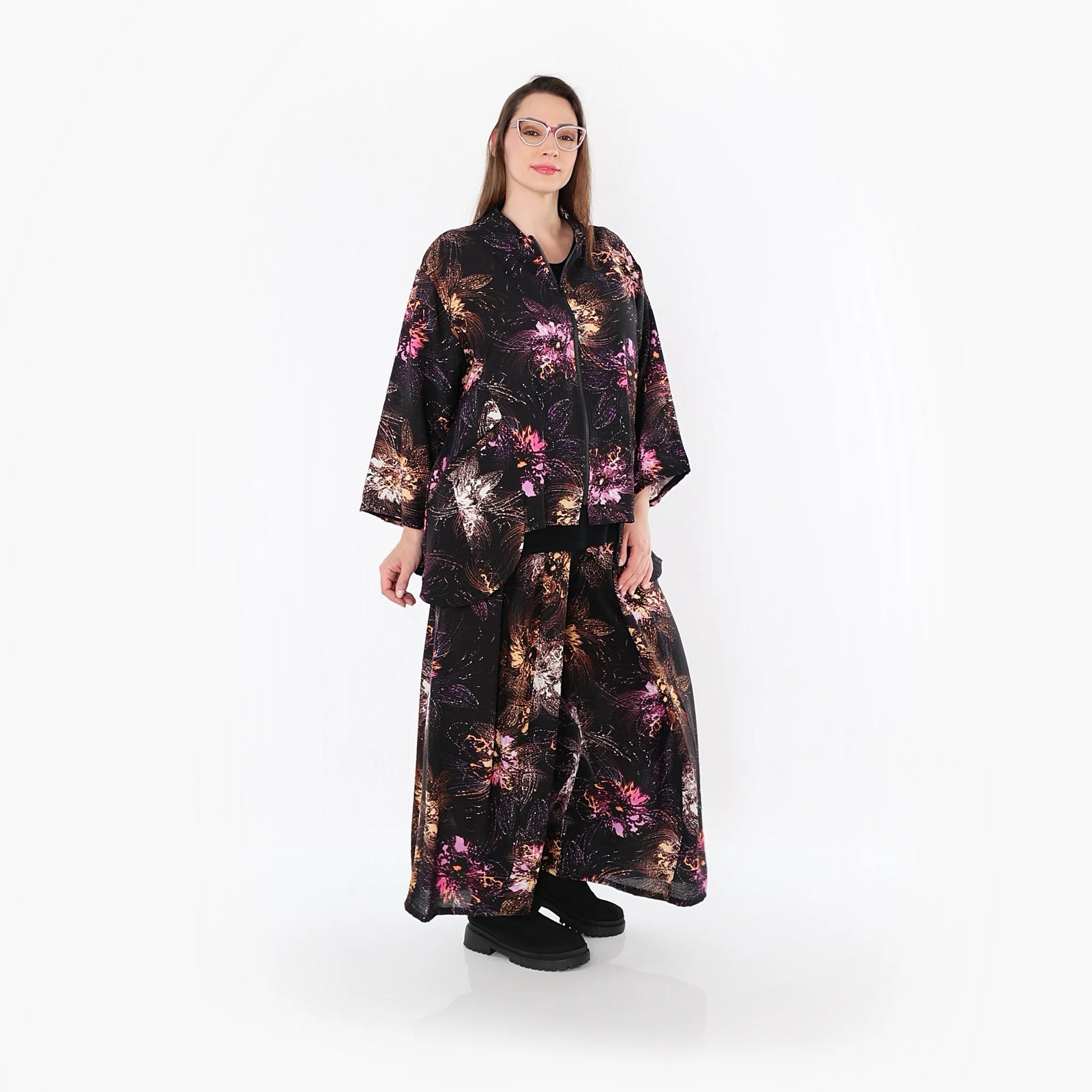  A-Form Jacke von AKH Fashion aus Viskose, 1491.06939, Schwarz/Fuchsia/Multi, Blumen