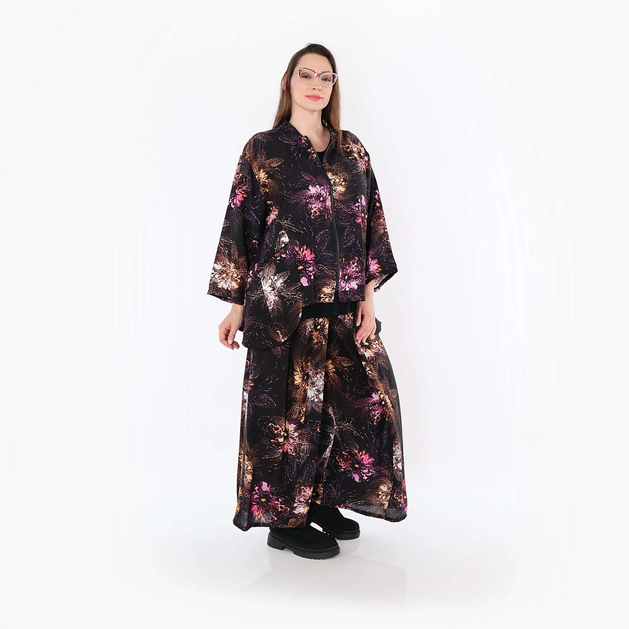  A-Form Jacke von AKH Fashion aus Viskose, 1491.06939, Schwarz/Fuchsia/Multi, Blumen