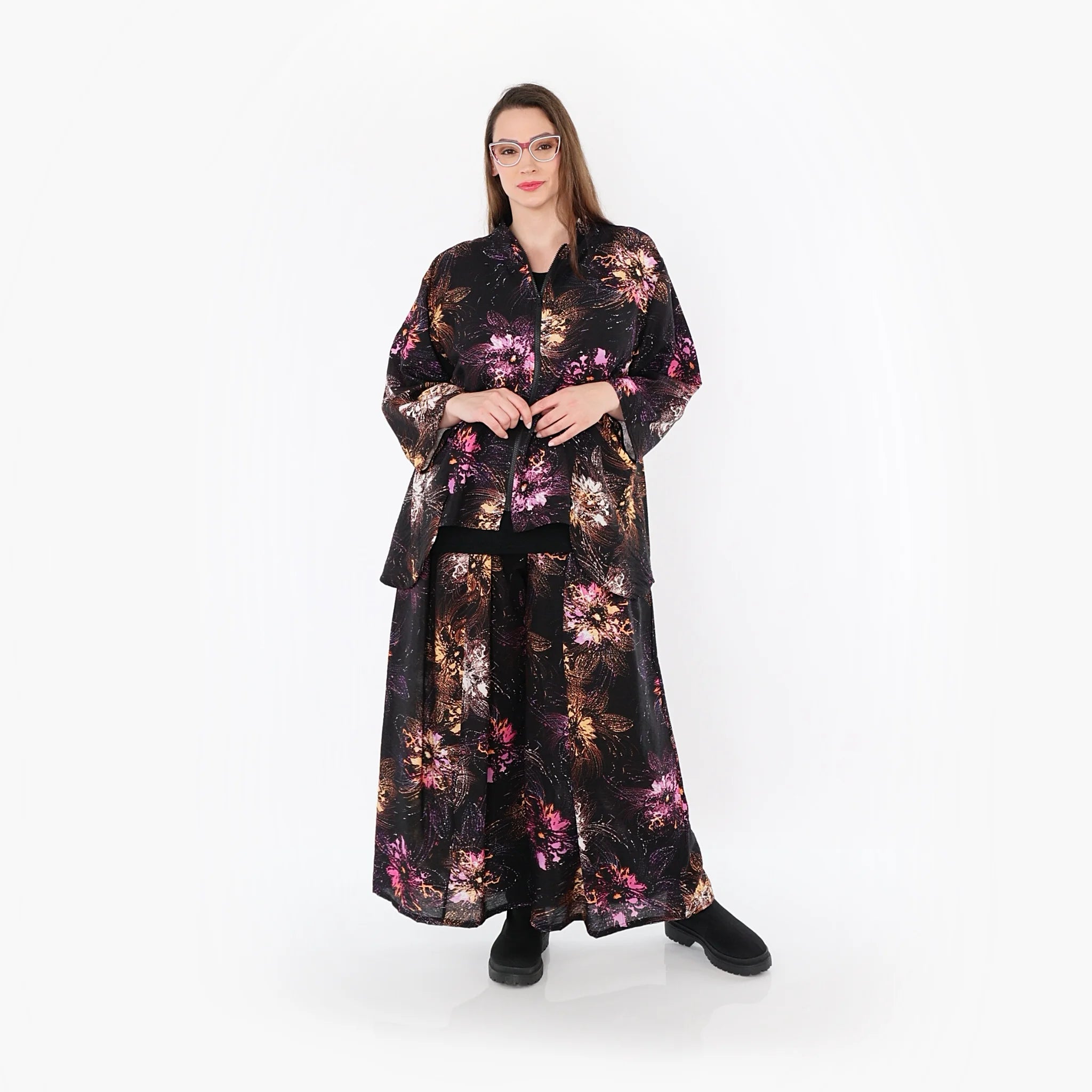  A-Form Jacke von AKH Fashion aus Viskose, 1491.06939, Schwarz/Fuchsia/Multi, Blumen