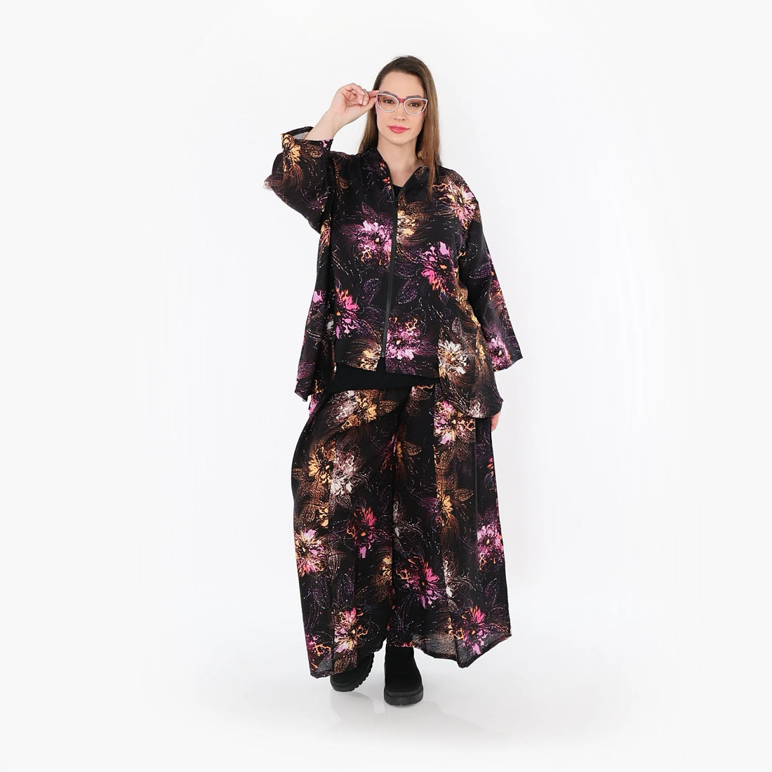  A-Form Jacke von AKH Fashion aus Viskose, 1491.06939, Schwarz/Fuchsia/Multi, Blumen