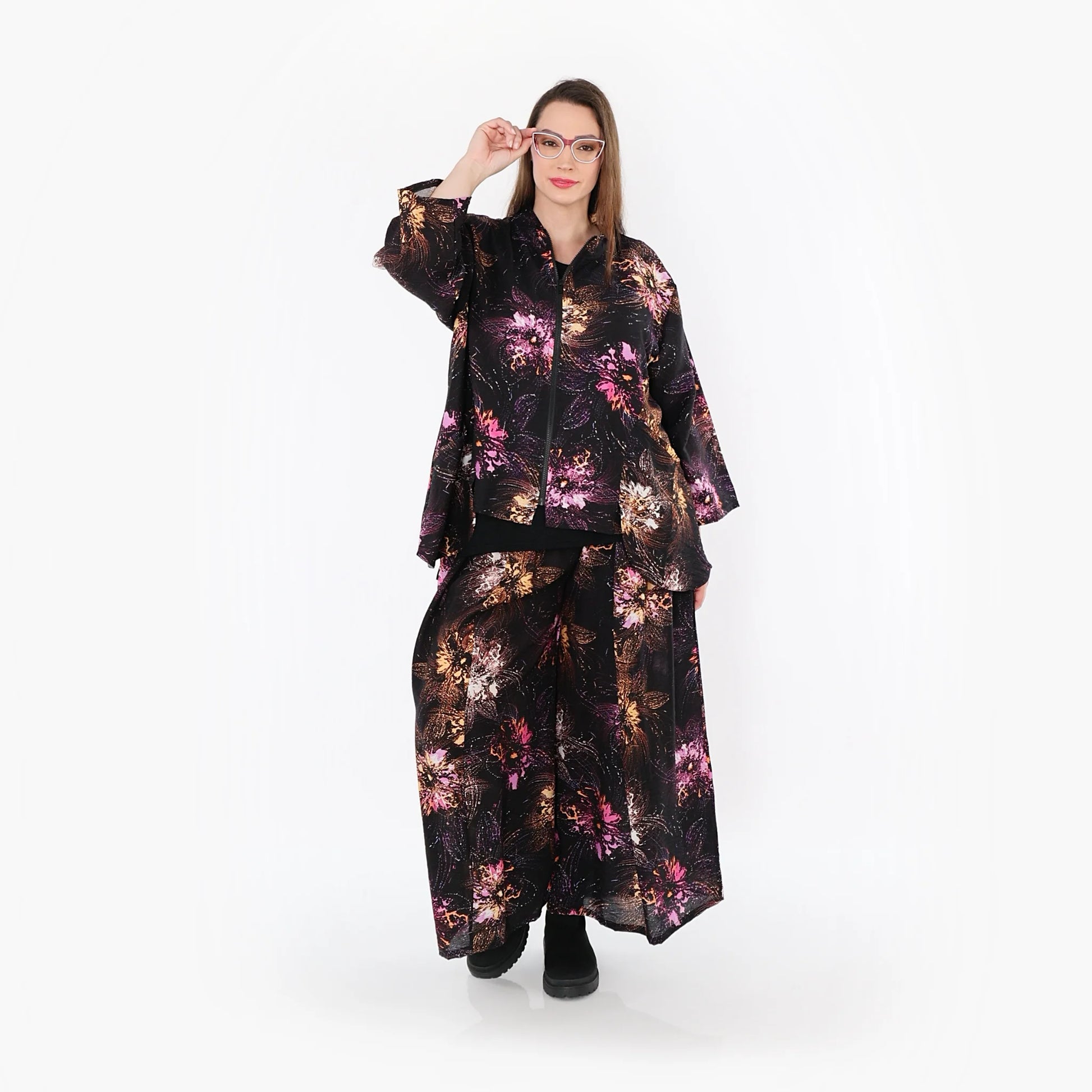  A-Form Jacke von AKH Fashion aus Viskose, 1491.06939, Schwarz/Fuchsia/Multi, Blumen