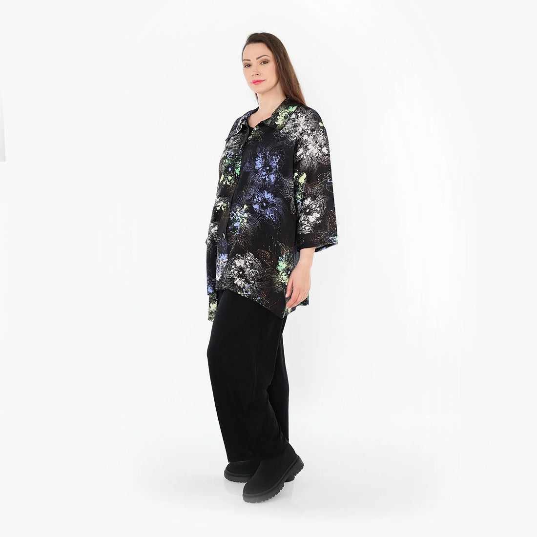  A-Form Jacke von AKH Fashion aus Viskose, 1491.07090, Schwarz/Blau/Multi, Blumen, Schick