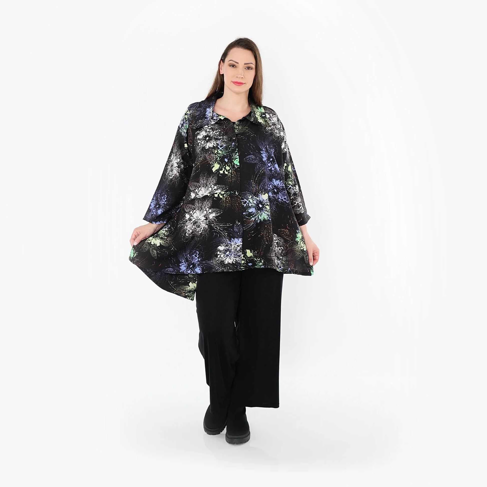  A-Form Jacke von AKH Fashion aus Viskose, 1491.07090, Schwarz/Blau/Multi, Blumen, Schick
