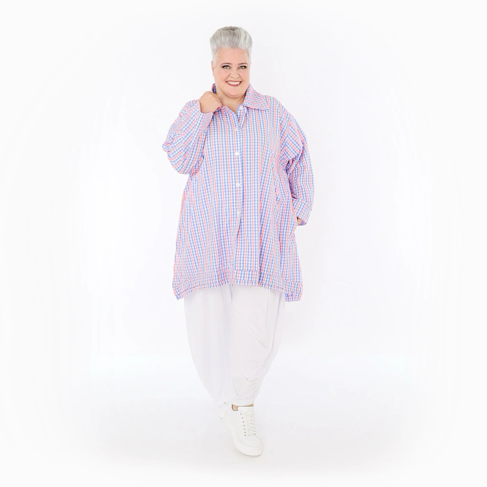  A-Form Bluse von AKH Fashion aus Baumwolle, 1505.07010, Blau/Weiß/Pink, Vichy-Karo, Schick