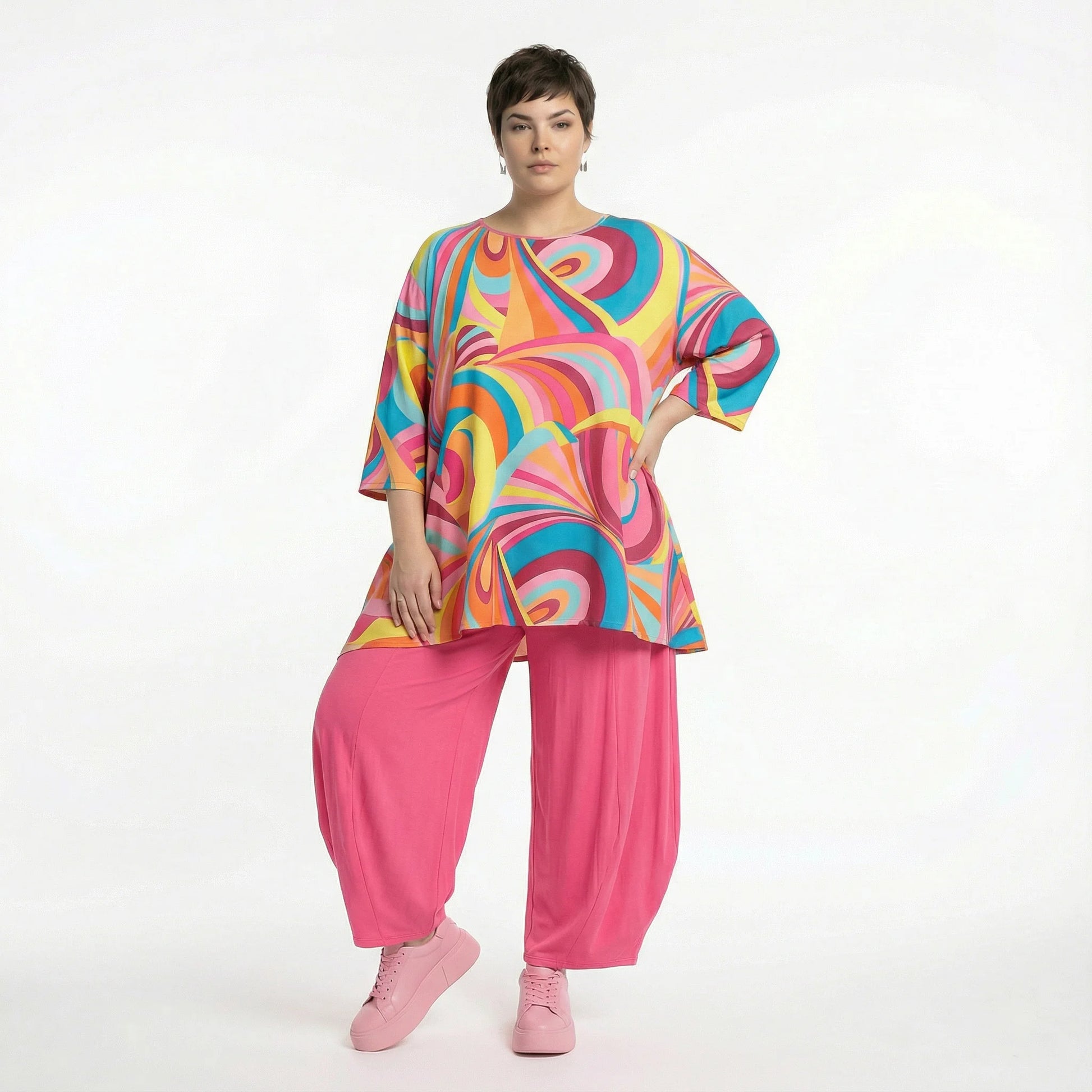  A-Form Bigshirt von AKH Fashion aus Baumwolle, 1508.00593, Rosa/Multi, Abstrakt, Ausgefallen