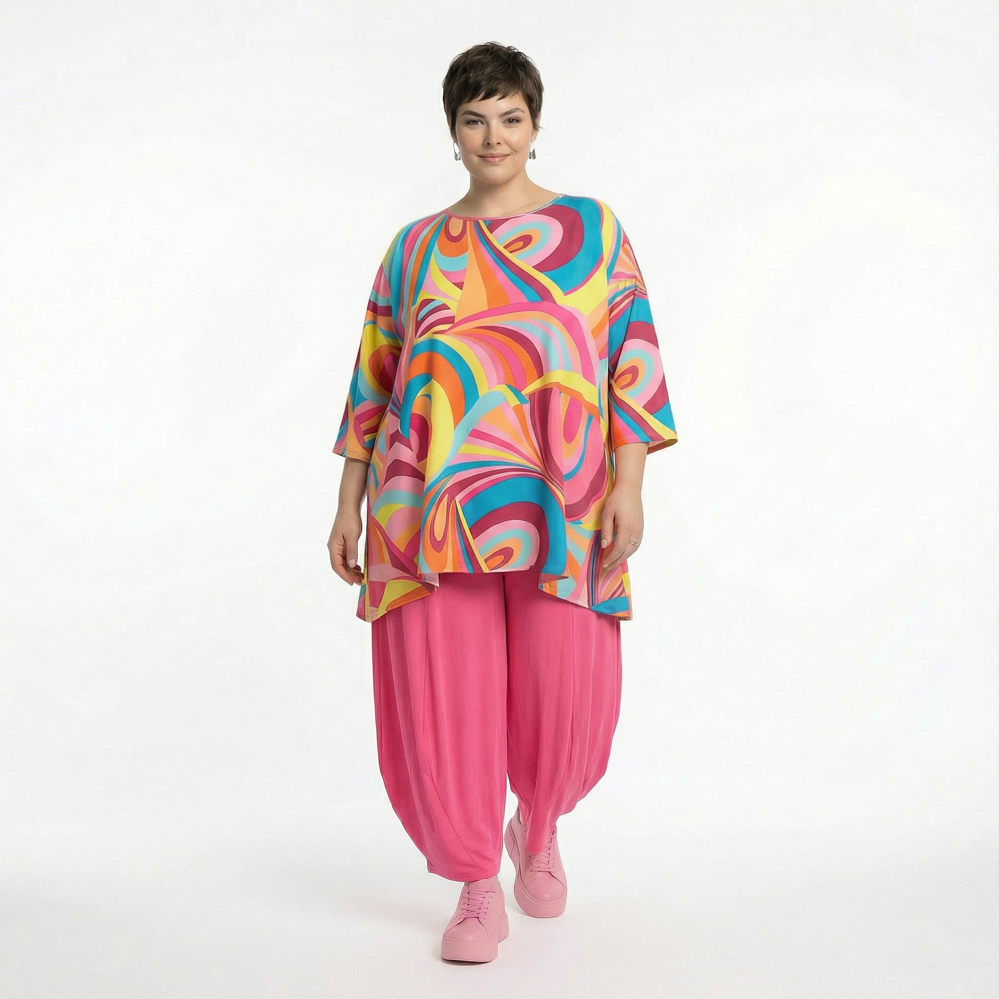  A-Form Bigshirt von AKH Fashion aus Baumwolle, 1508.00593, Rosa/Multi, Abstrakt, Ausgefallen