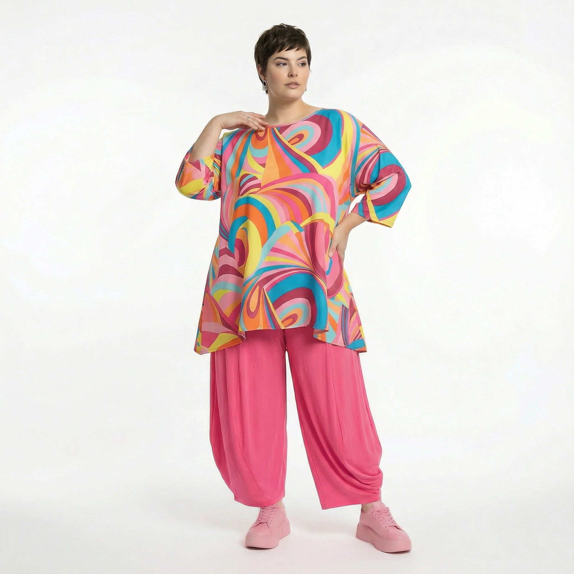  A-Form Bigshirt von AKH Fashion aus Baumwolle, 1508.00593, Rosa/Multi, Abstrakt, Ausgefallen