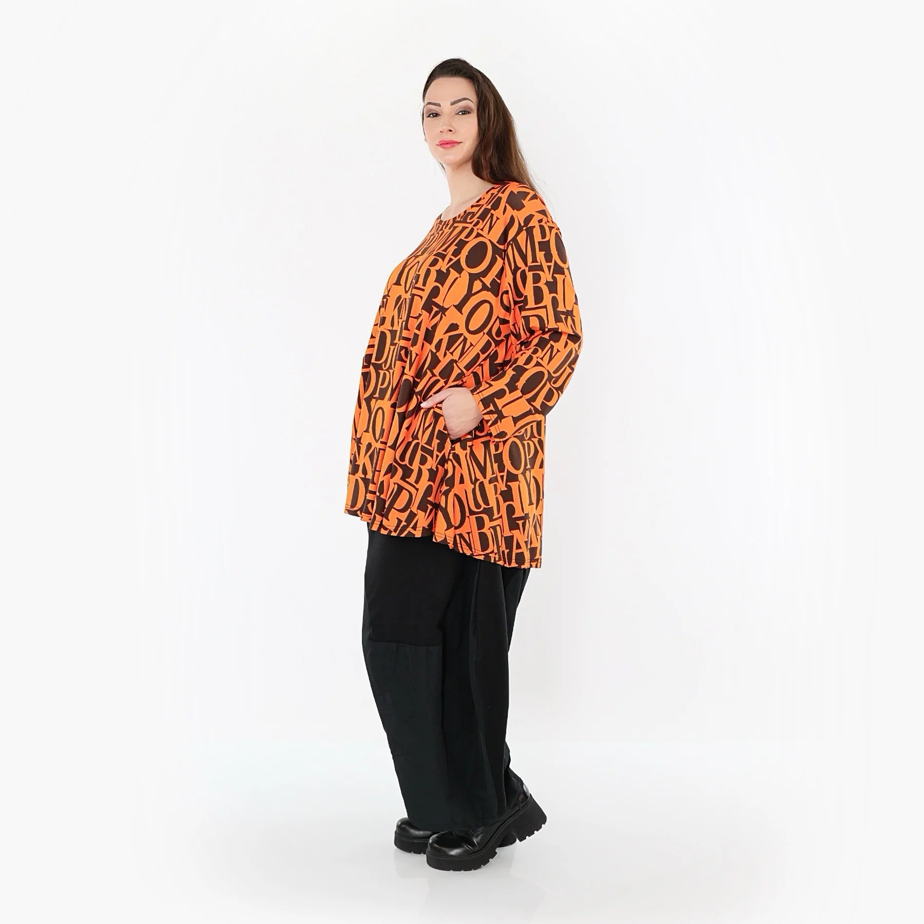  AKH Fashion Shirt in Glocken-Form, aus Viskose, 1501892, Orange/Braun, Buchstaben, Schick