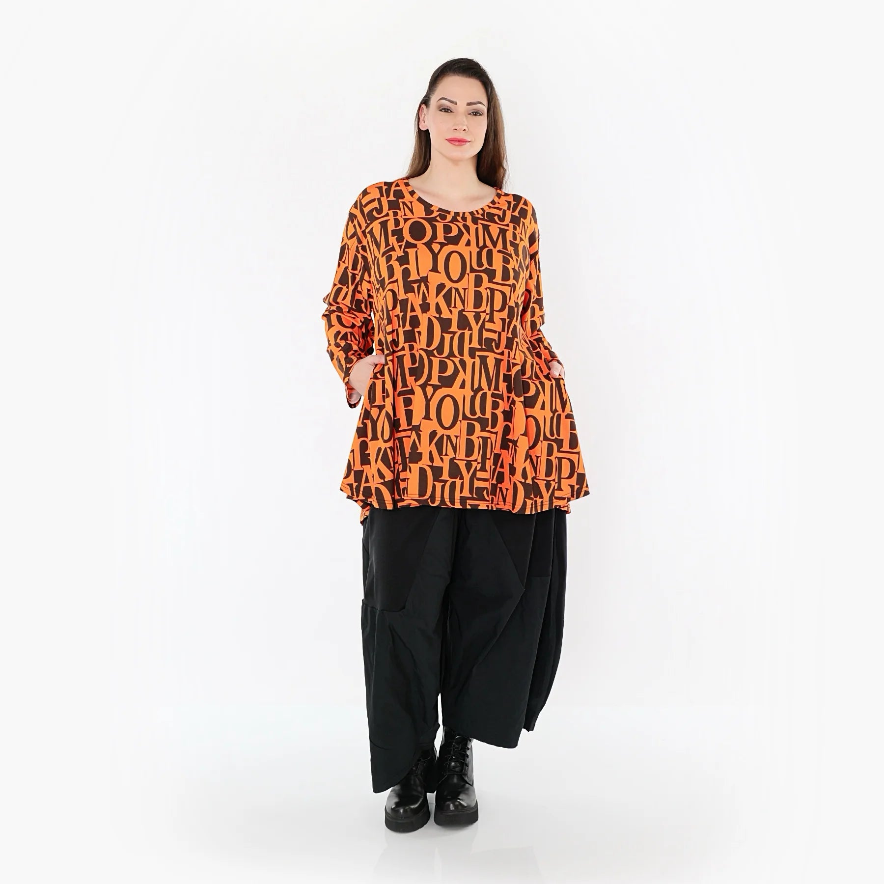  AKH Fashion Shirt in Glocken-Form, aus Viskose, 1501892, Orange/Braun, Buchstaben, Schick