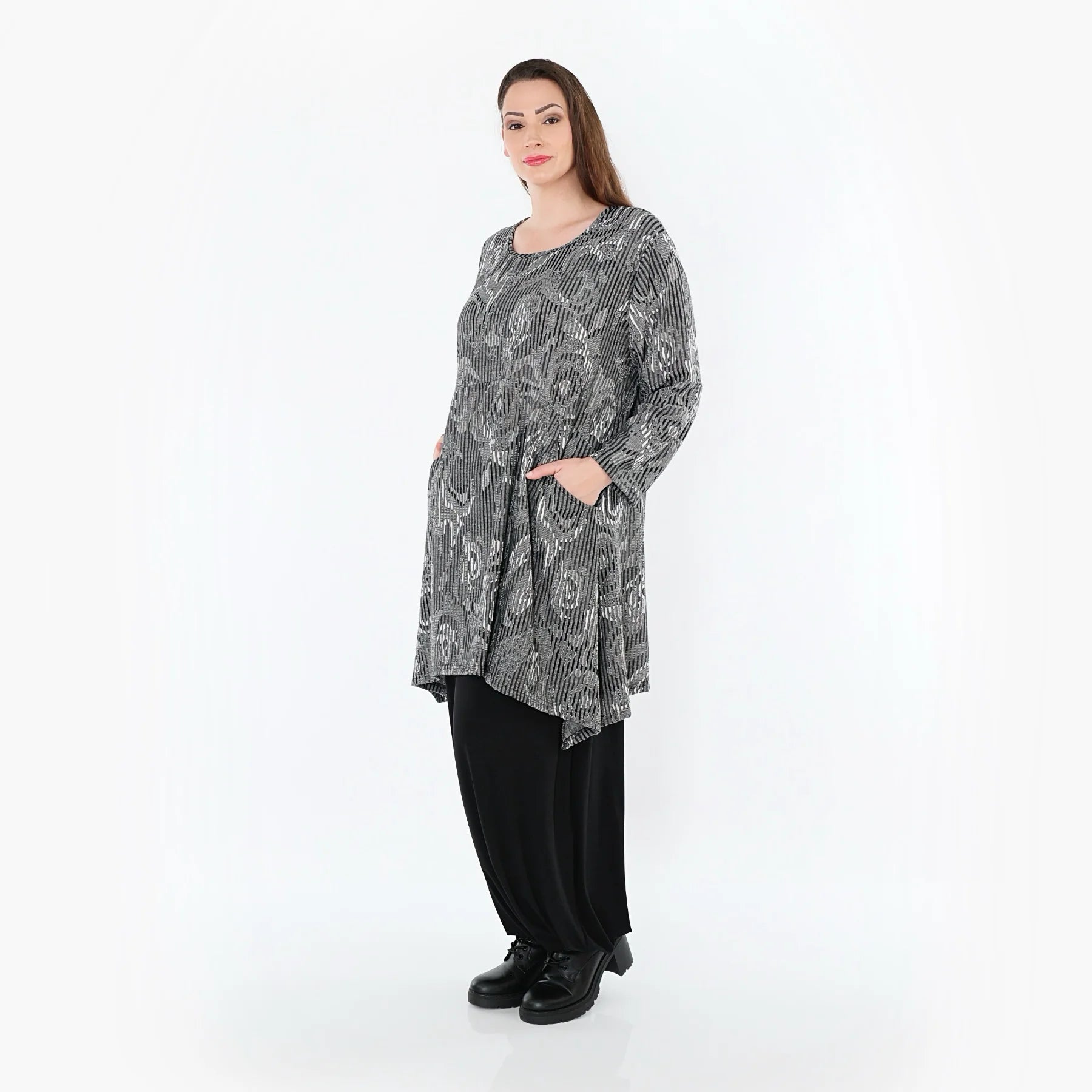  A-Form Shirt von AKH Fashion aus Materialmix, 1500521, Grau/Schwarz/Weiß, Vichy-Streifen
