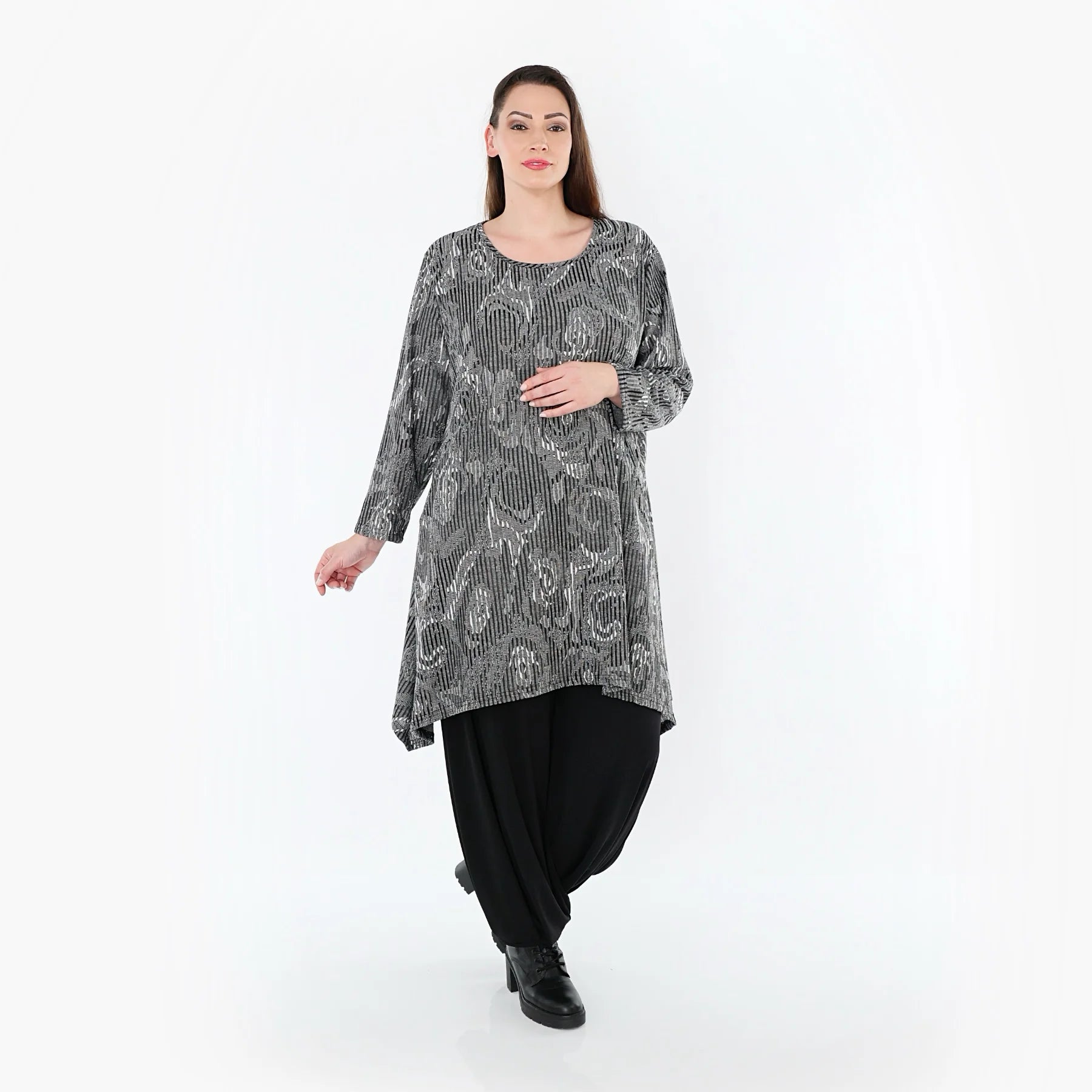  A-Form Shirt von AKH Fashion aus Materialmix, 1500521, Grau/Schwarz/Weiß, Vichy-Streifen