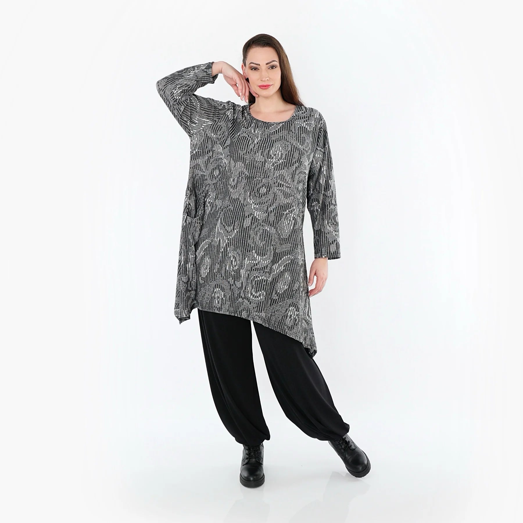  A-Form Shirt von AKH Fashion aus Materialmix, 1500521, Grau/Schwarz/Weiß, Vichy-Streifen
