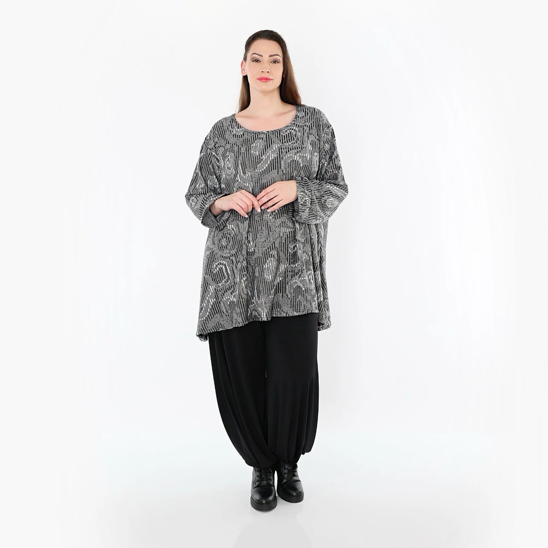  A-Form Bigshirt von AKH Fashion aus Materialmix, 1500593, Grau/Schwarz/Weiß, Vichy-Streifen