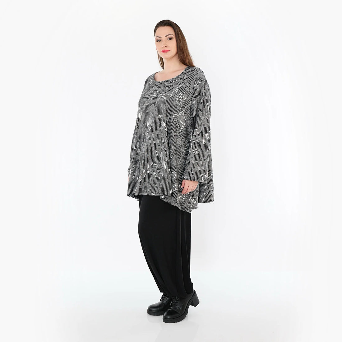  A-Form Bigshirt von AKH Fashion aus Materialmix, 1500593, Grau/Schwarz/Weiß, Vichy-Streifen