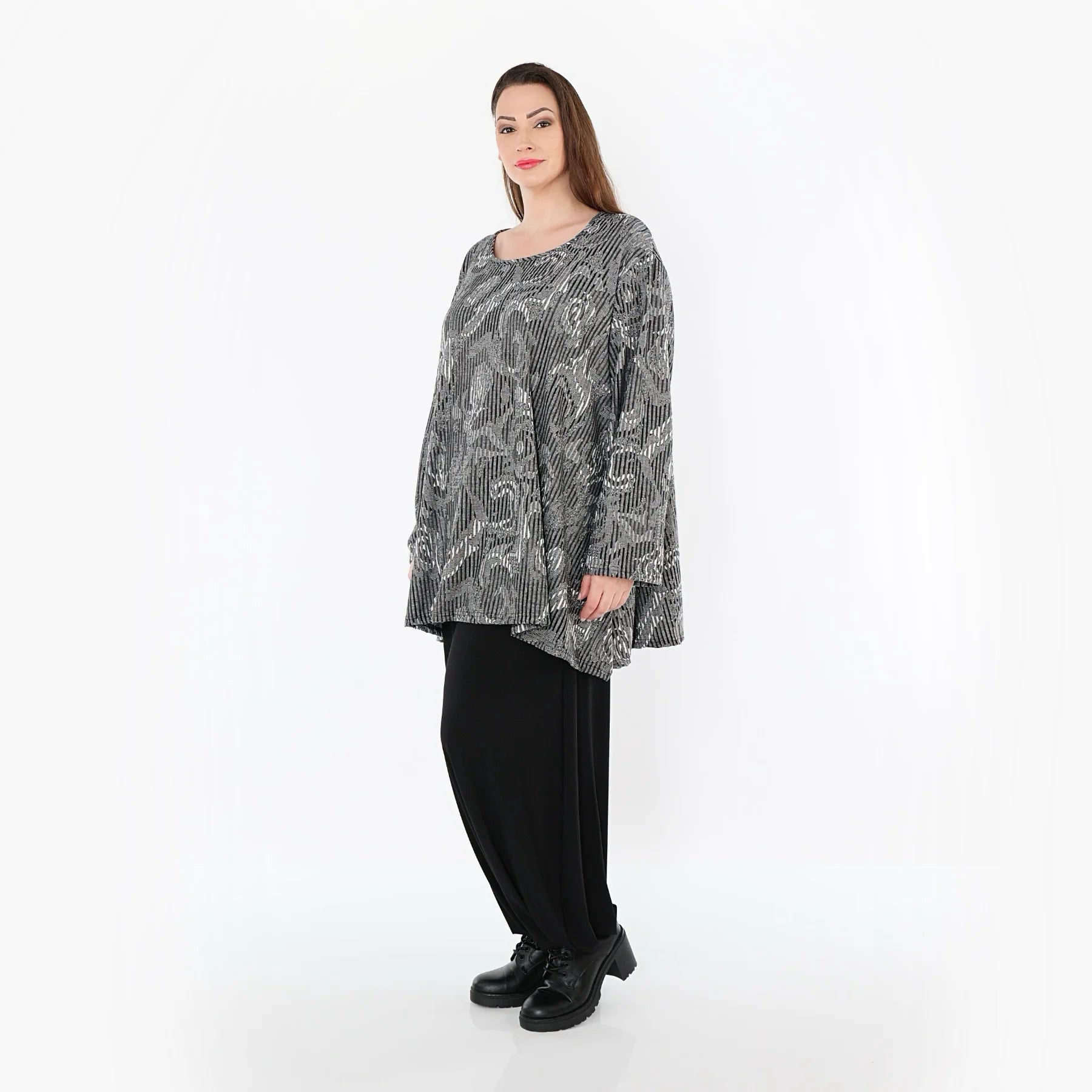  A-Form Bigshirt von AKH Fashion aus Materialmix, 1500593, Grau/Schwarz/Weiß, Vichy-Streifen
