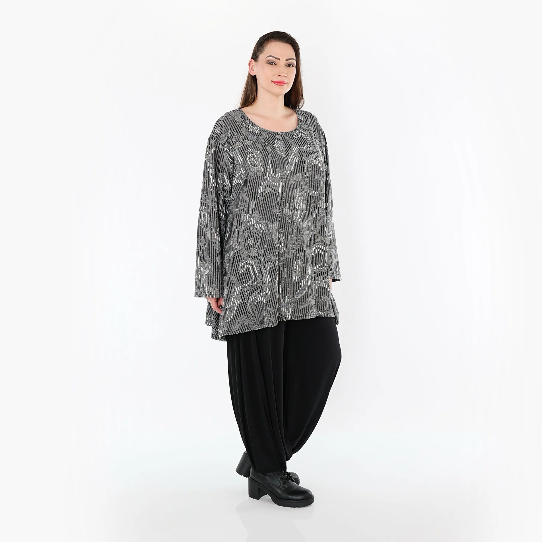  A-Form Bigshirt von AKH Fashion aus Materialmix, 1500593, Grau/Schwarz/Weiß, Vichy-Streifen